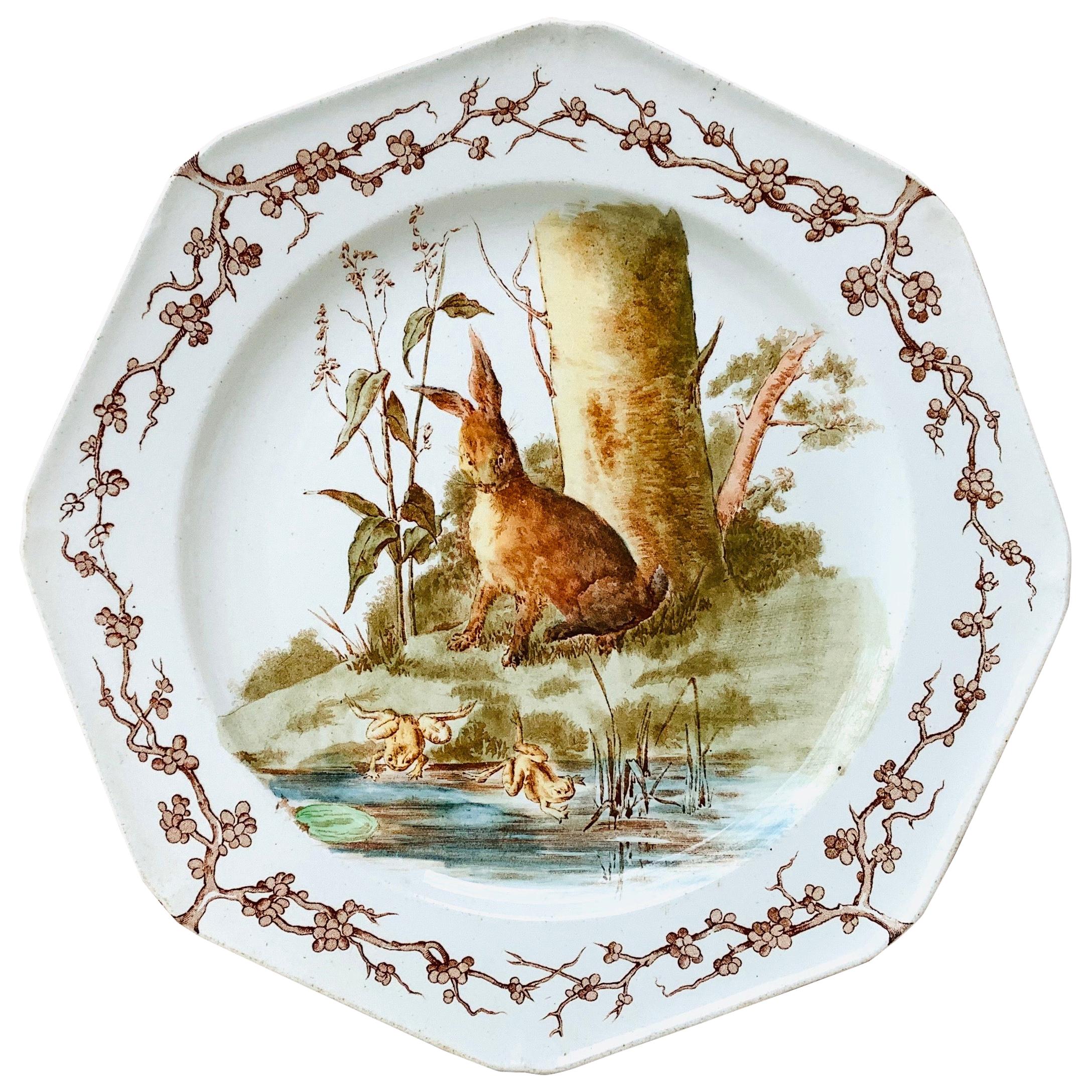 English Octagonal Plate Hare and Frogs Westhead and Moore, circa 1890