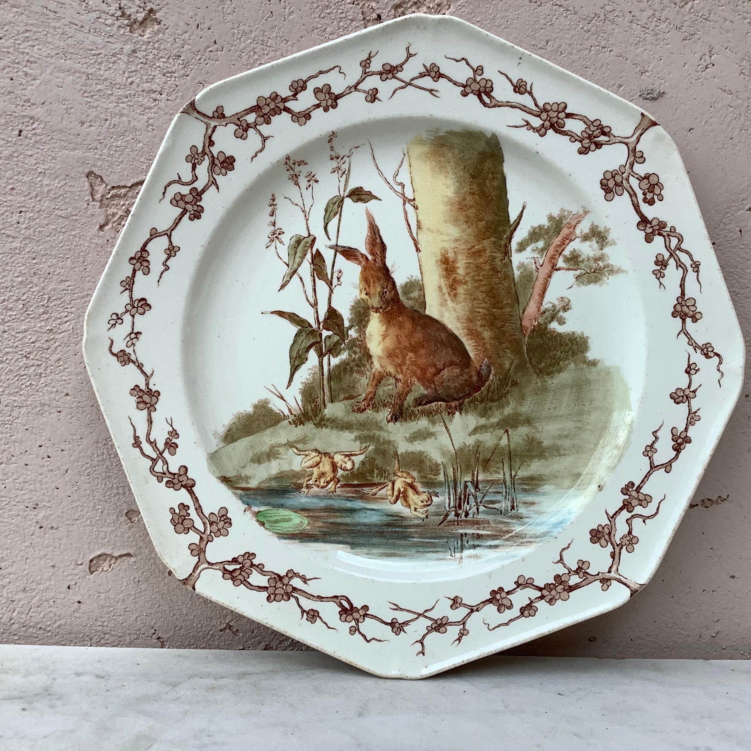 English octagonal plate hare and frogs Westhead and Moore, circa 1890.
English Losange mark.
