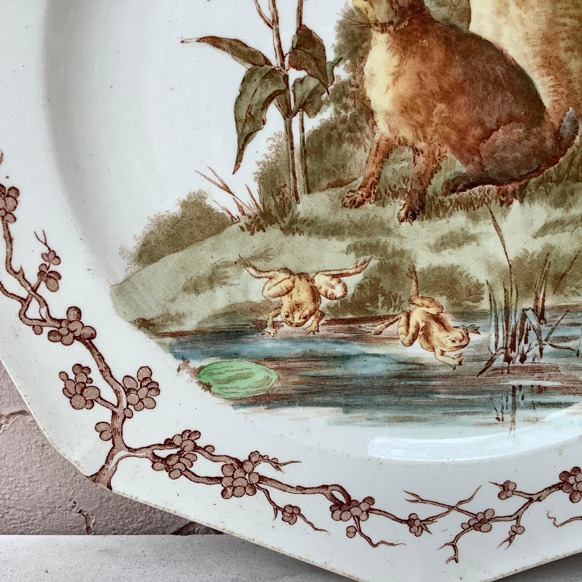 English Octagonal Plate Hare and Frogs Westhead and Moore, circa 1890 In Good Condition In Austin, TX