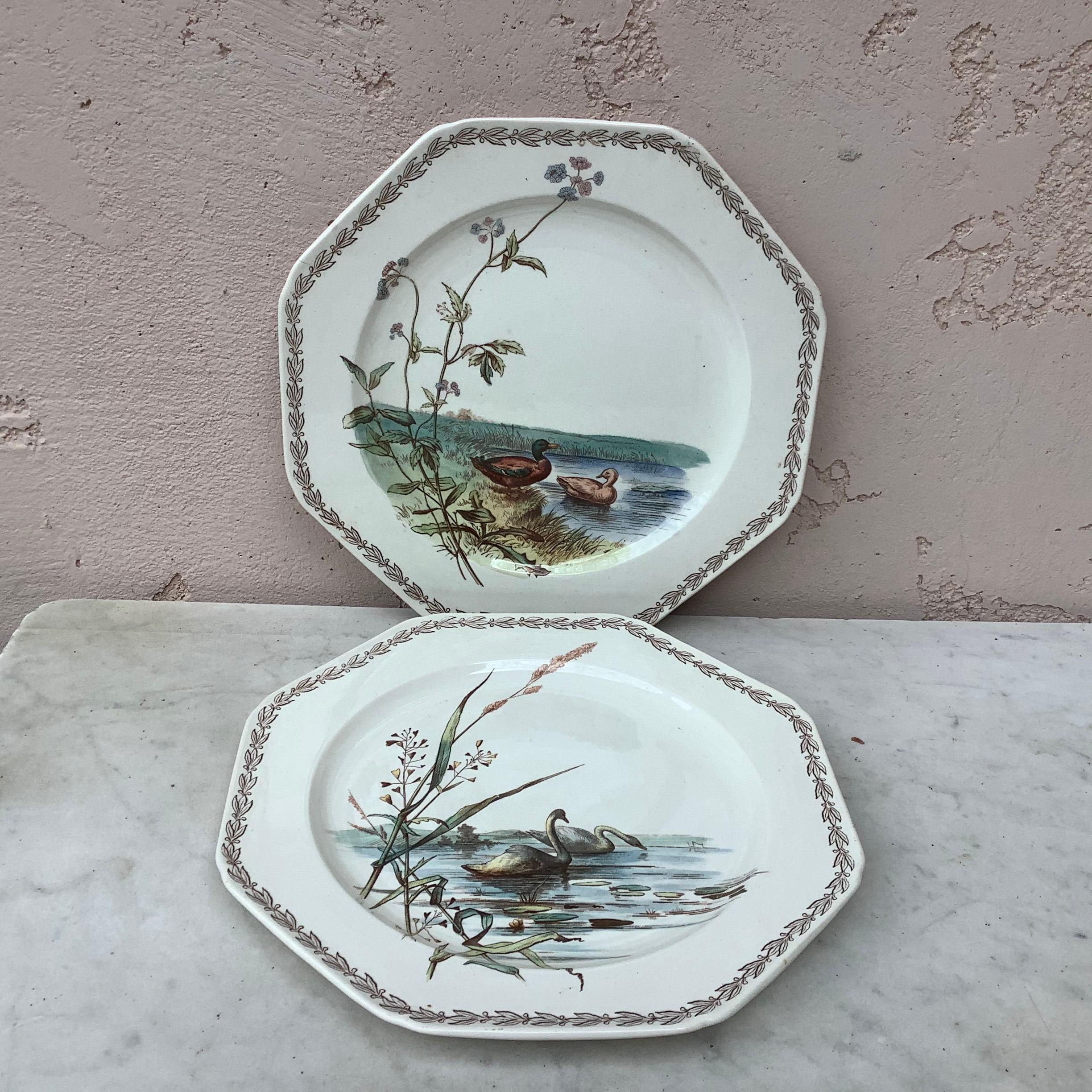 Late 19th Century English Octagonal Plate Swans on Lake Brown Westhead and Moore, circa 1890 For Sale