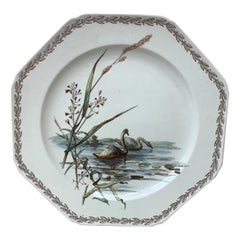 Antique English Octagonal Plate Swans on Lake Brown Westhead and Moore, circa 1890