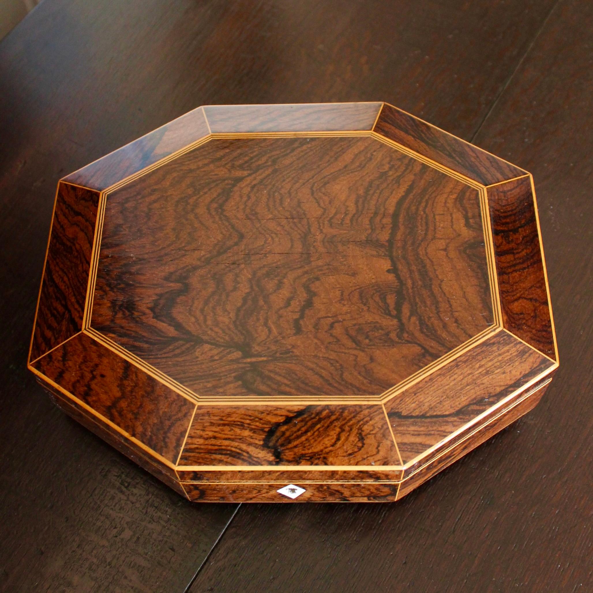 19th Century English Octagonal Rosewood with Boxwood Line Inlay Jewelry Box For Sale