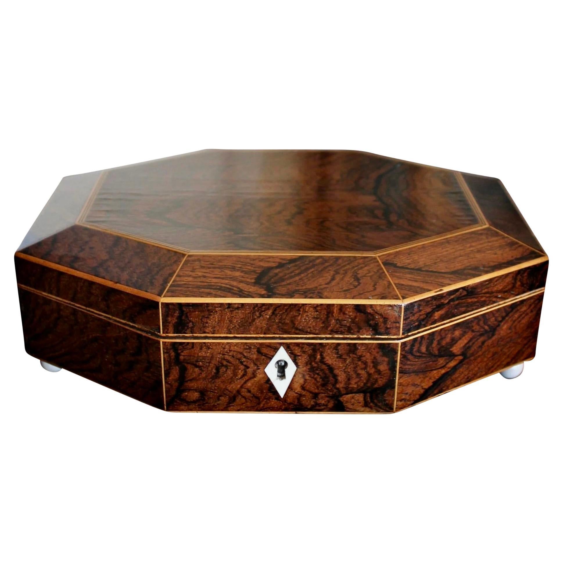 English Octagonal Rosewood with Boxwood Line Inlay Jewelry Box For Sale