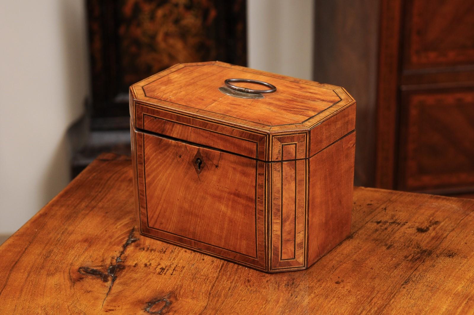  English Octagonal Satinwood Tea Caddy with Rosewood Cross Banding  For Sale 6