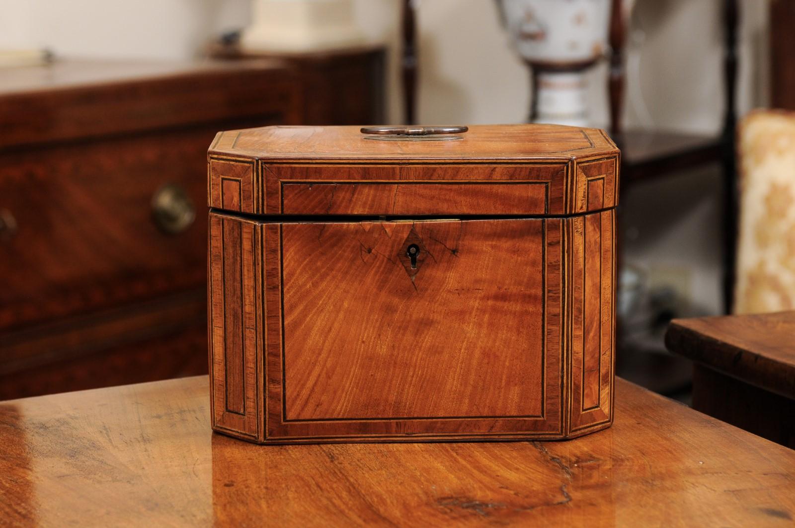  English Octagonal Satinwood Tea Caddy with Rosewood Cross Banding  For Sale 7