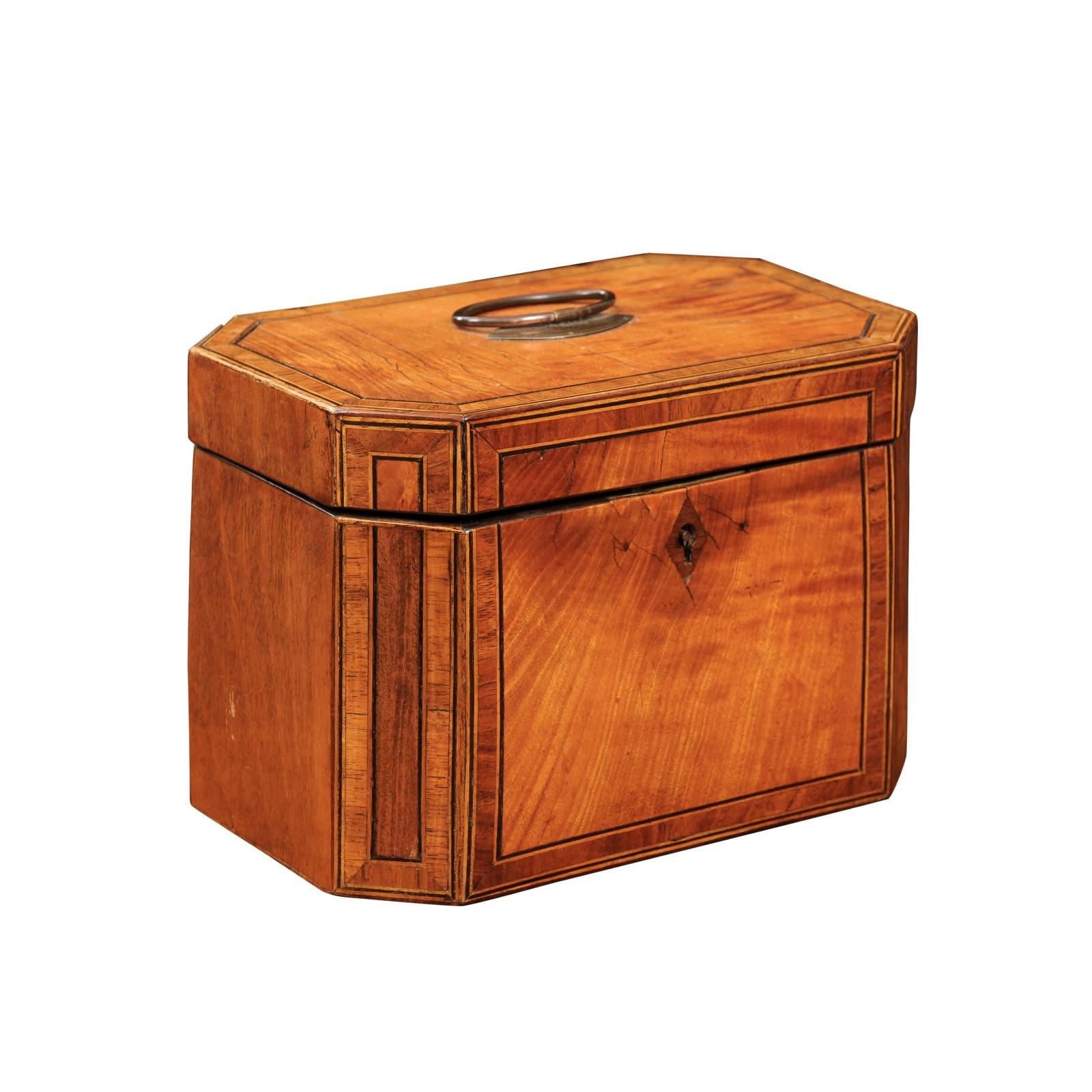 English Octagonal Satinwood Tea Caddy with Rosewood Cross Banding and String Inlay, Early 19th Century