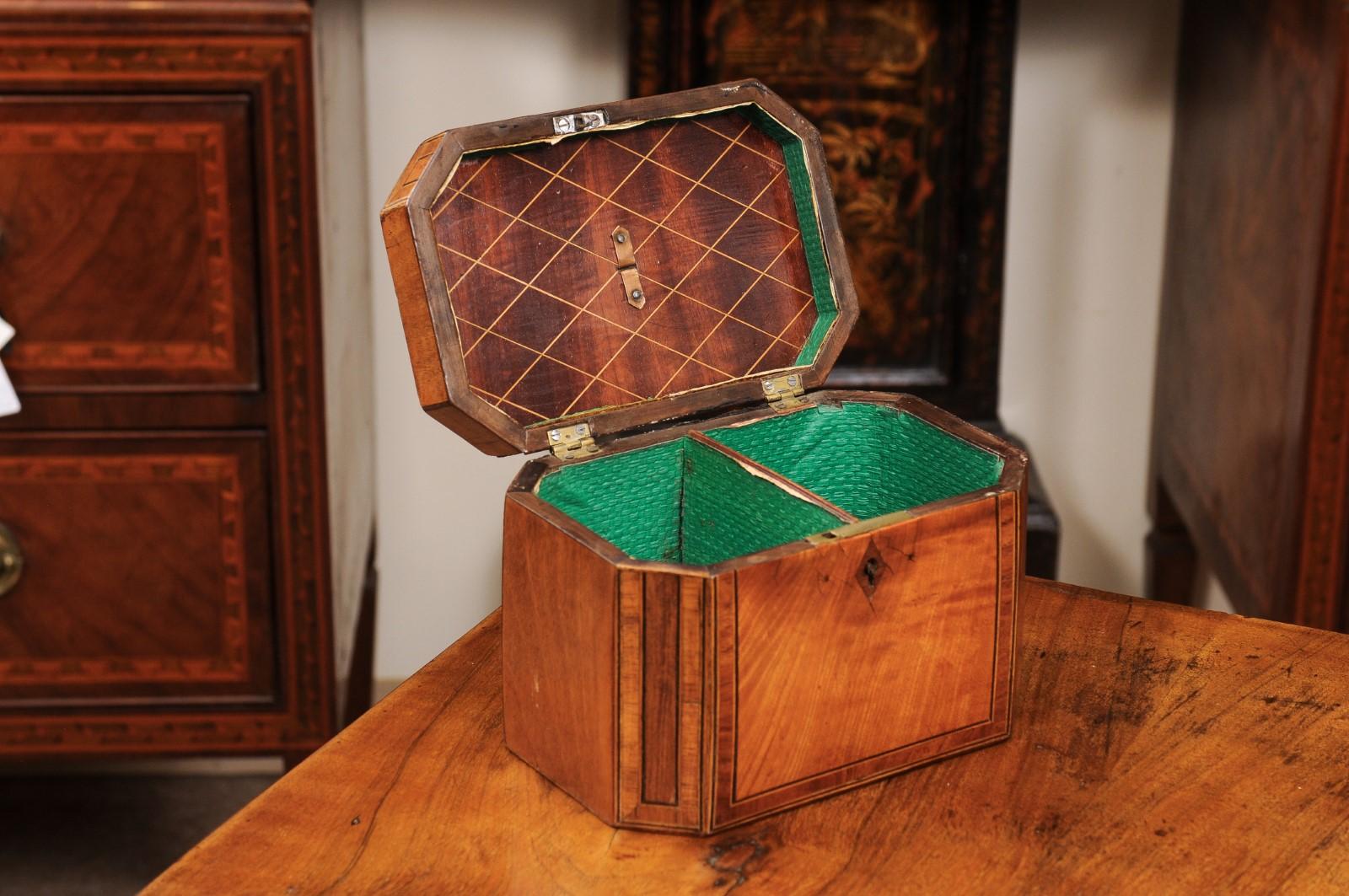 19th Century  English Octagonal Satinwood Tea Caddy with Rosewood Cross Banding  For Sale