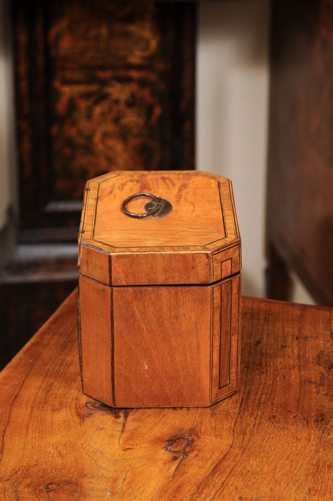  English Octagonal Satinwood Tea Caddy with Rosewood Cross Banding  For Sale 1
