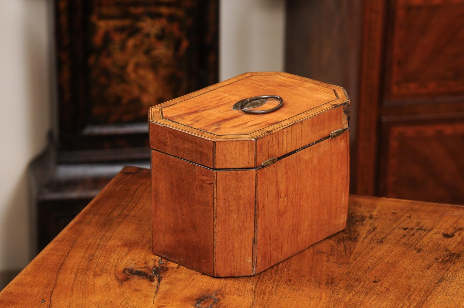  English Octagonal Satinwood Tea Caddy with Rosewood Cross Banding  For Sale 4