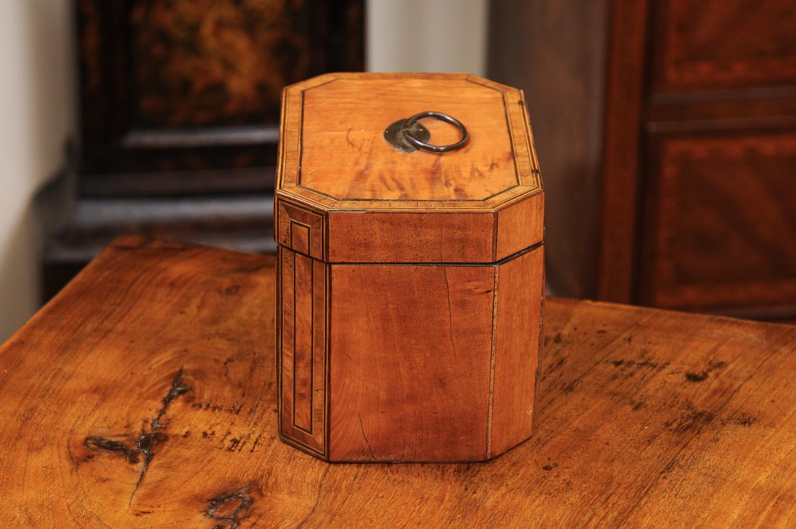  English Octagonal Satinwood Tea Caddy with Rosewood Cross Banding  For Sale 5