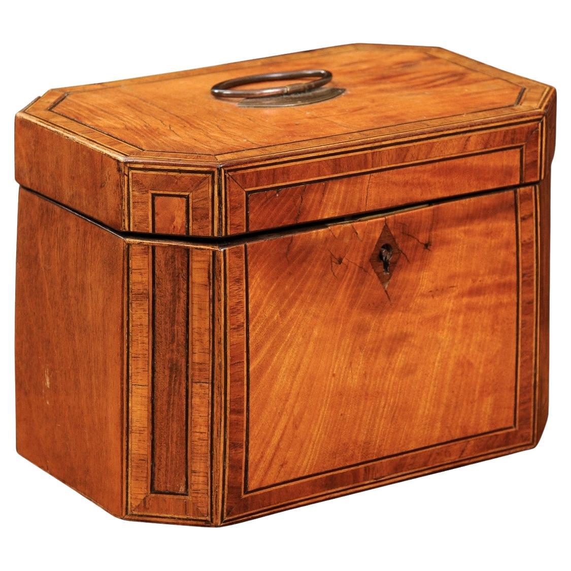  English Octagonal Satinwood Tea Caddy with Rosewood Cross Banding  For Sale