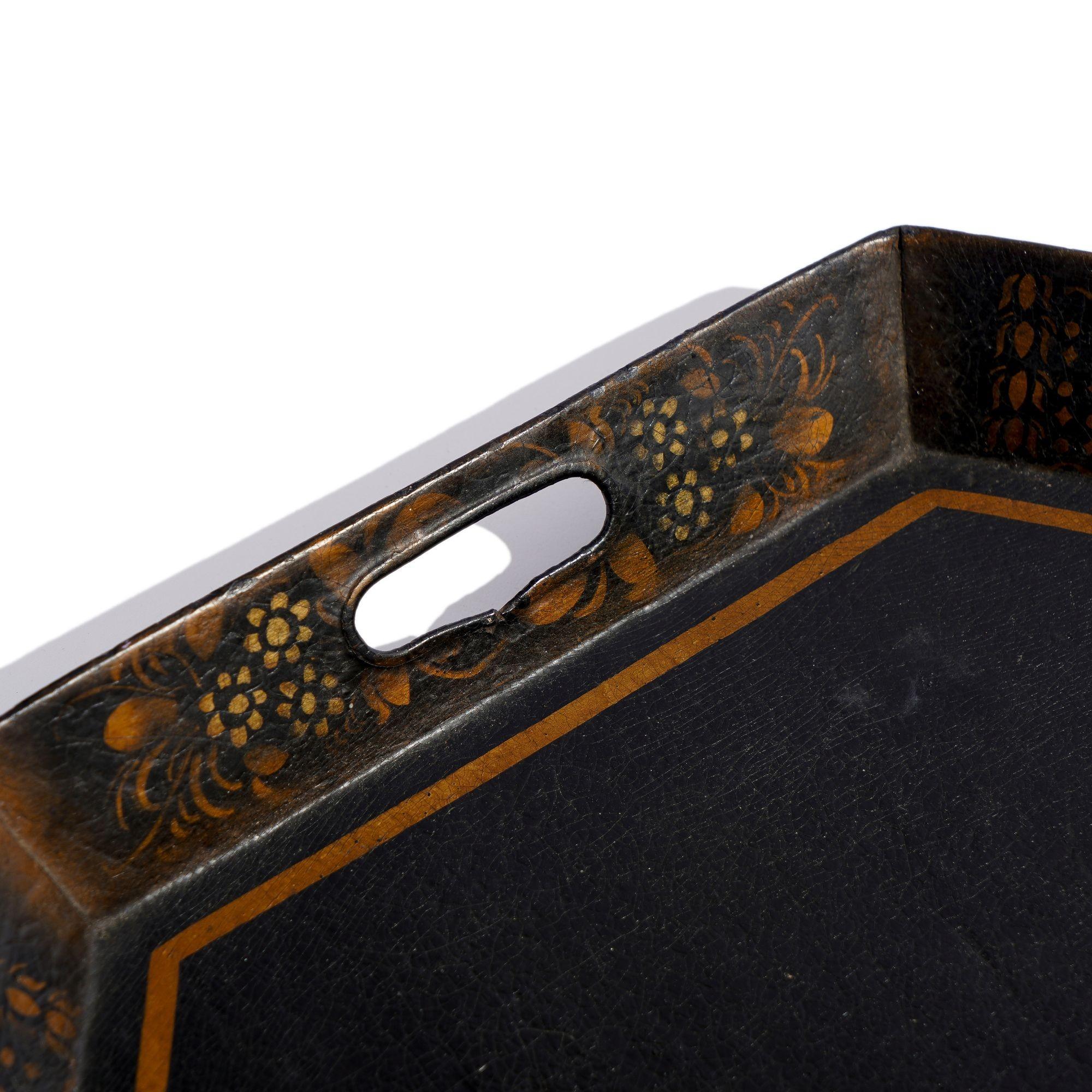 Enamel English octagonal standing rim tole tray, c. 1815 For Sale