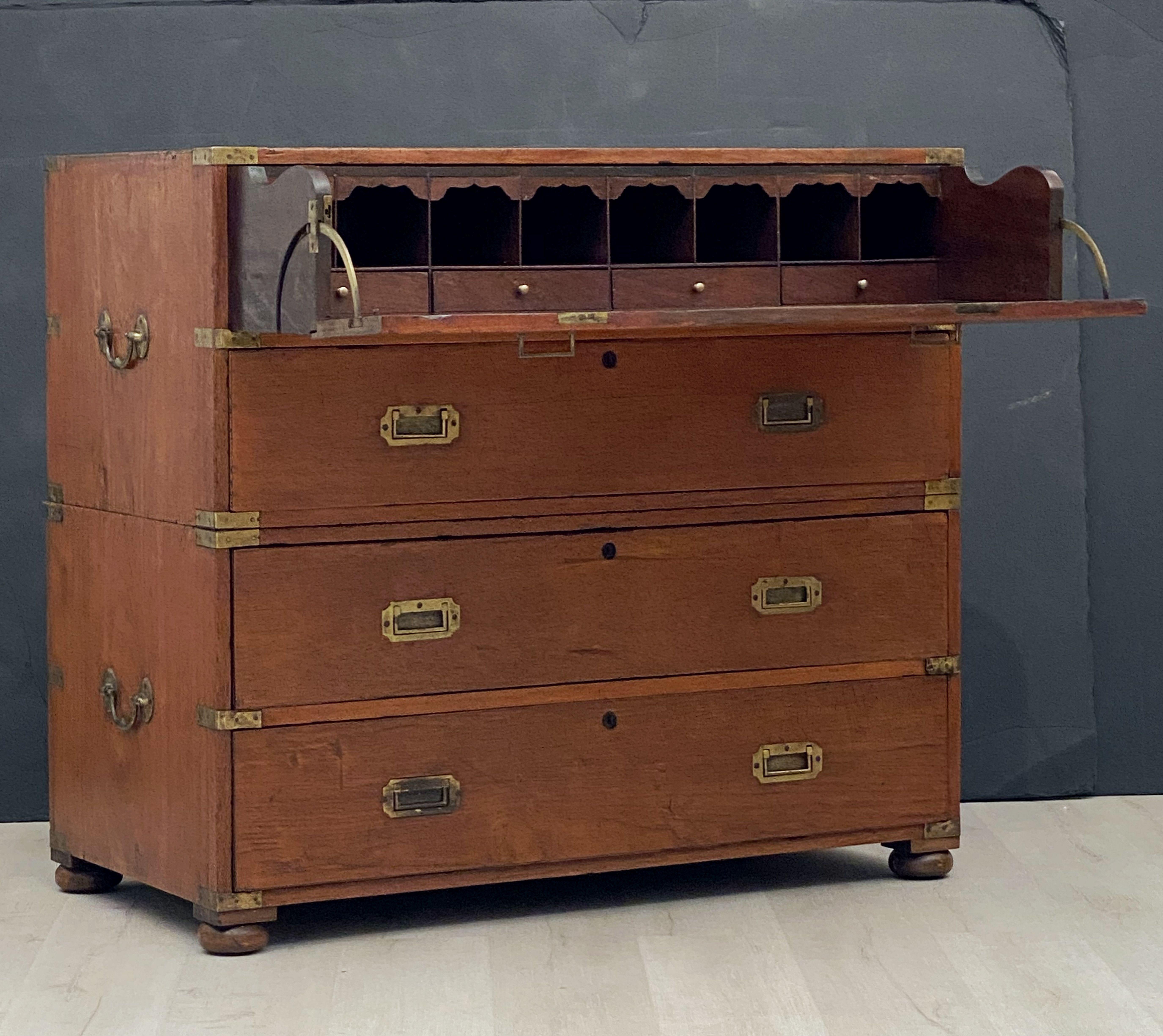 English Officer's Campaign Chest Secretaire of Teak and Brass 6