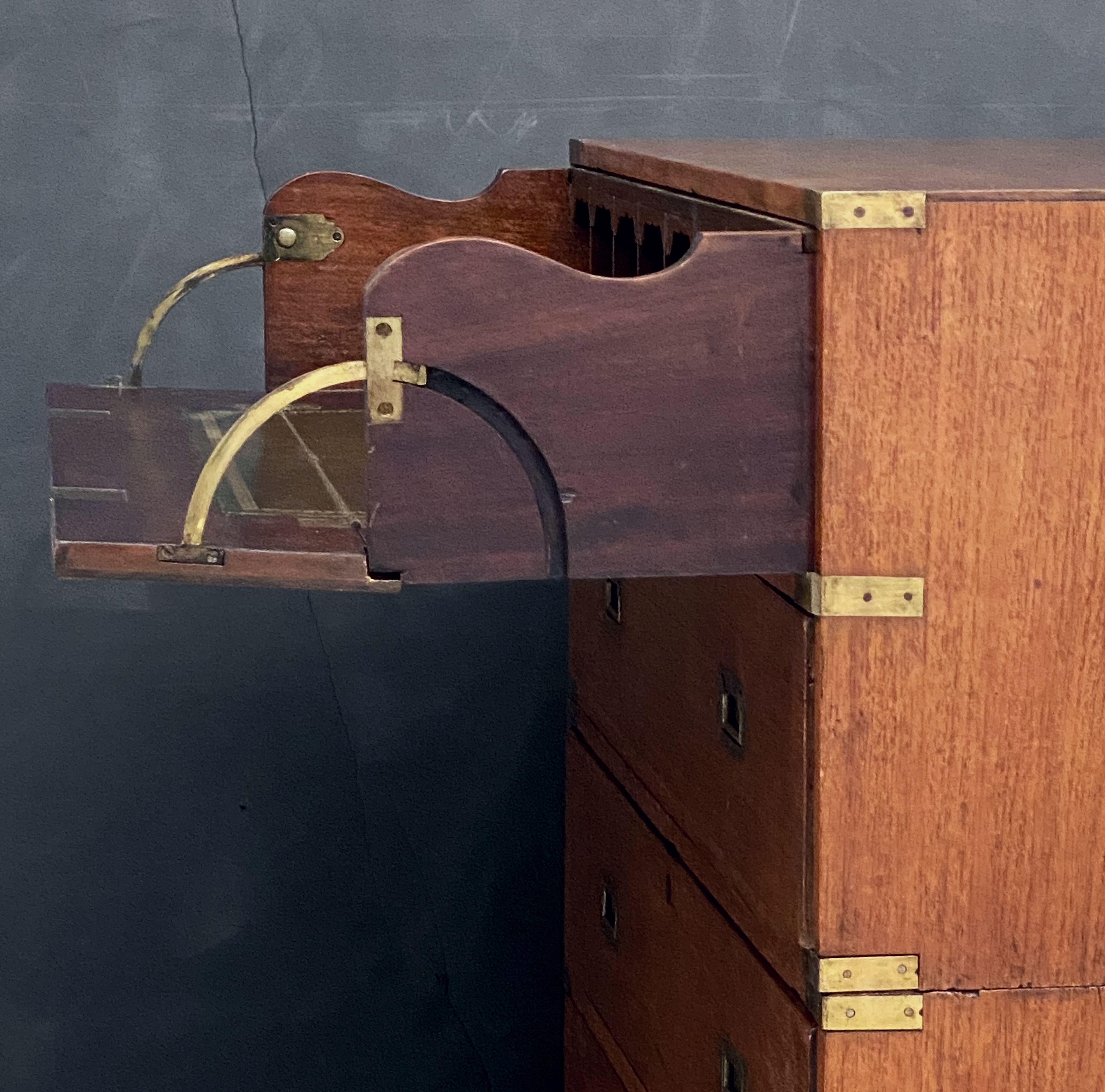 English Officer's Campaign Chest Secretaire of Teak and Brass 12