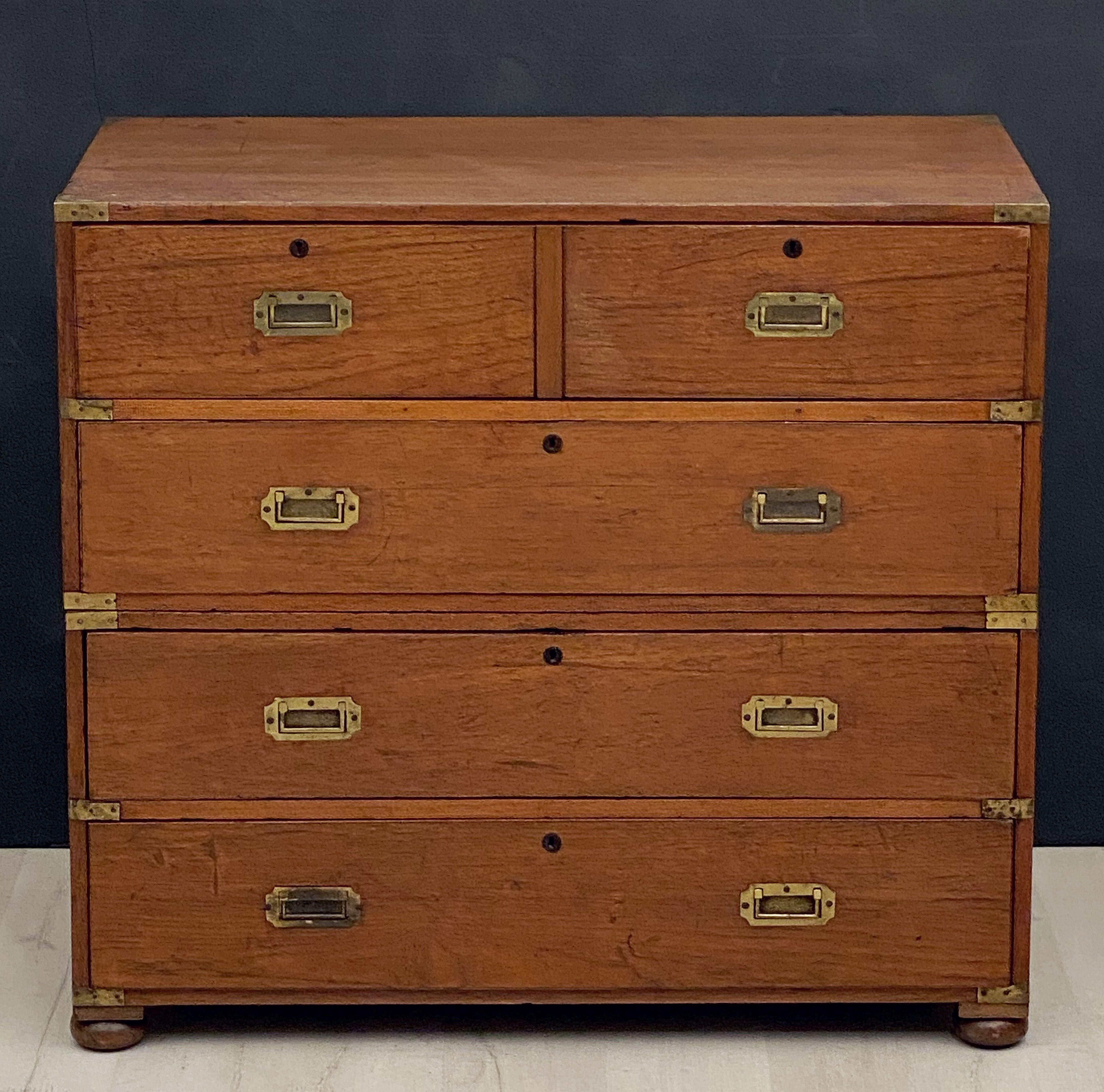 English Officer's Campaign Chest Secretaire of Teak and Brass In Good Condition In Austin, TX