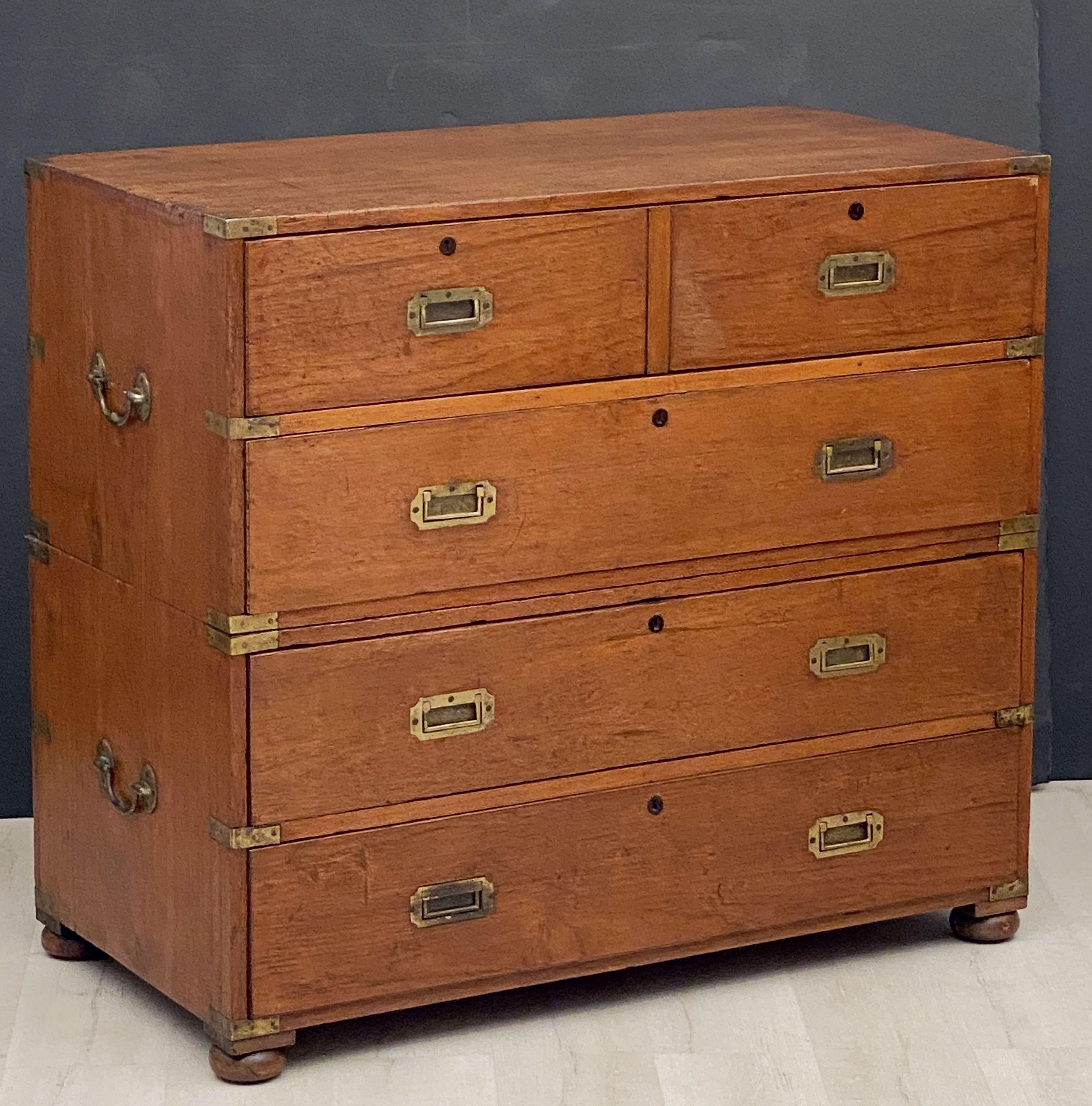19th Century English Officer's Campaign Chest Secretaire of Teak and Brass