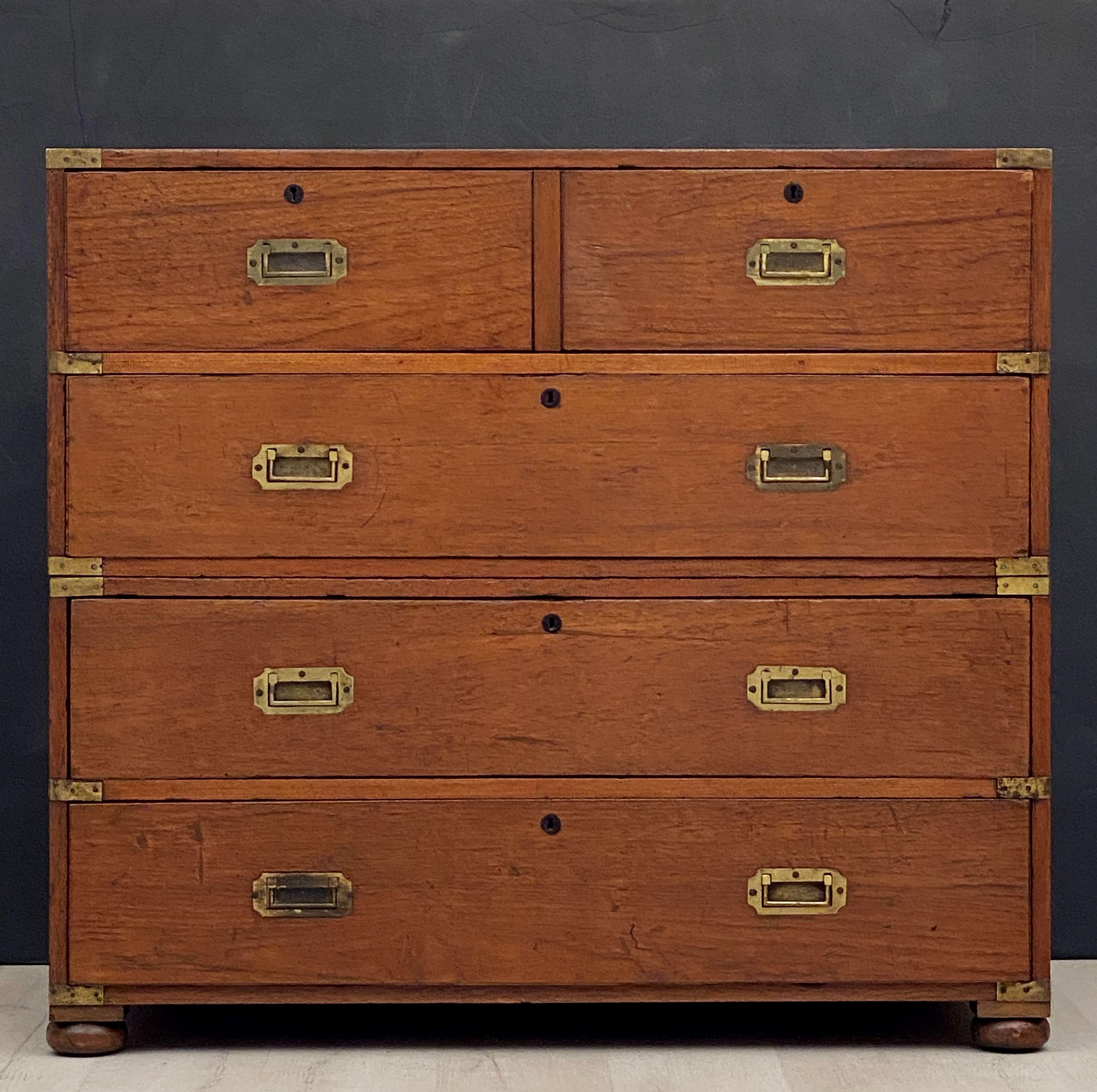 English Officer's Campaign Chest Secretaire of Teak and Brass 1