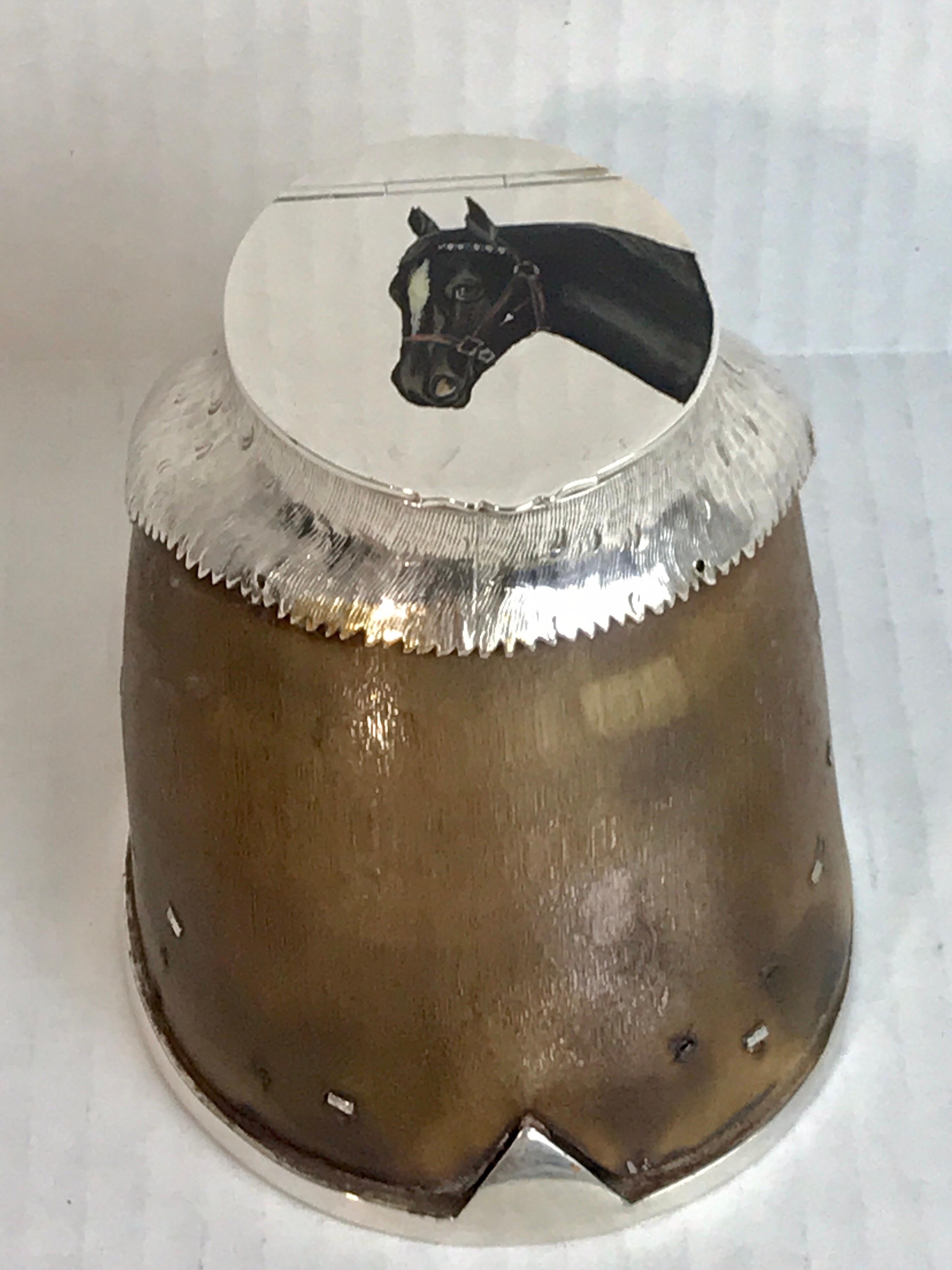 English Officers Equestrian silver plate, enamel and hoof inkwell, an exquisite example with a portrait of the beloved horse, expertly mounted, possibly by Elkington & Co. Unmarked
Commemorative Horse Hoofs, from the mid-1800s to early 1900s