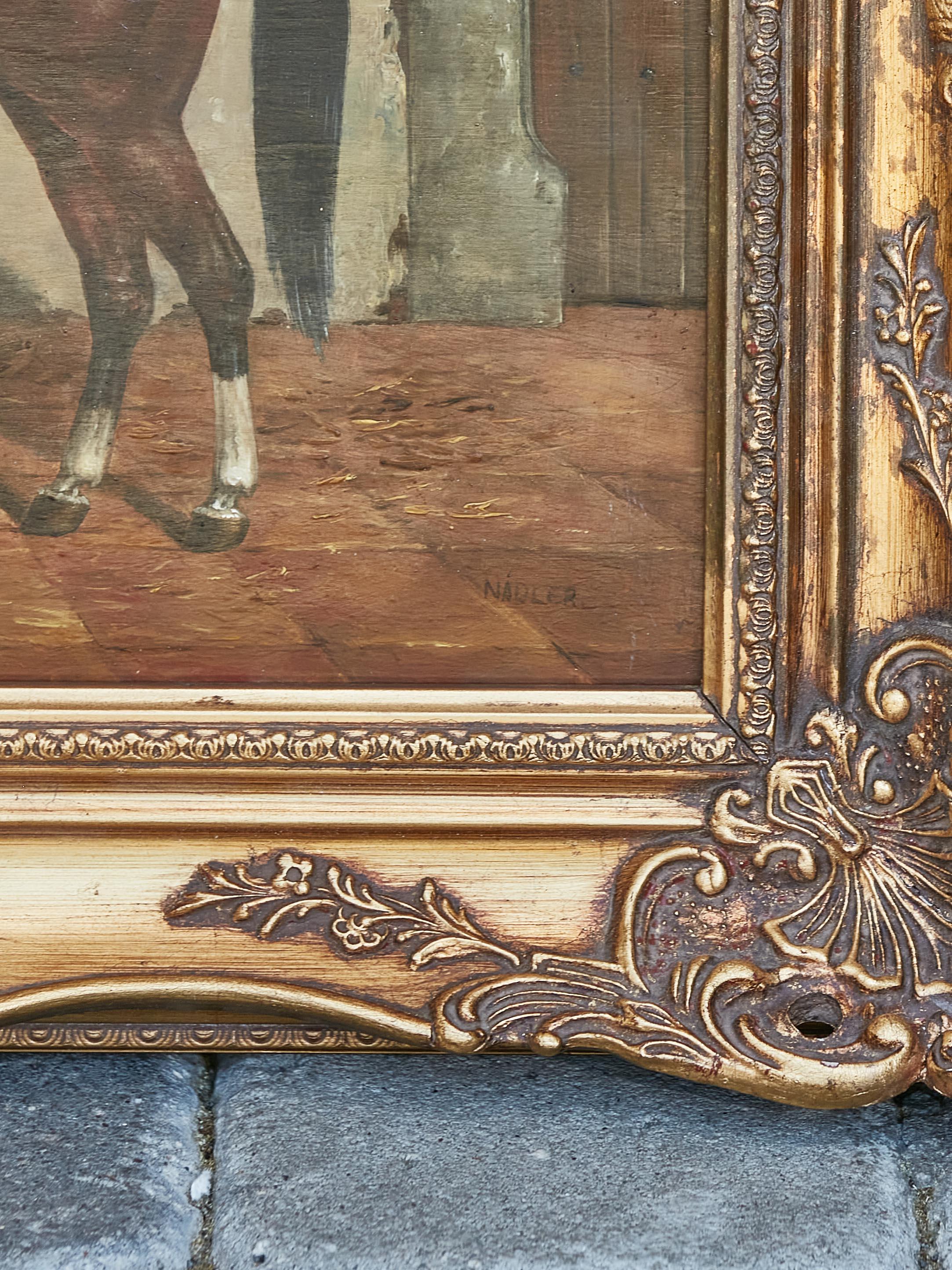 English Oil on Board Horse Painting Signed K.M. Nadler, in Carved Giltwood Frame For Sale 5