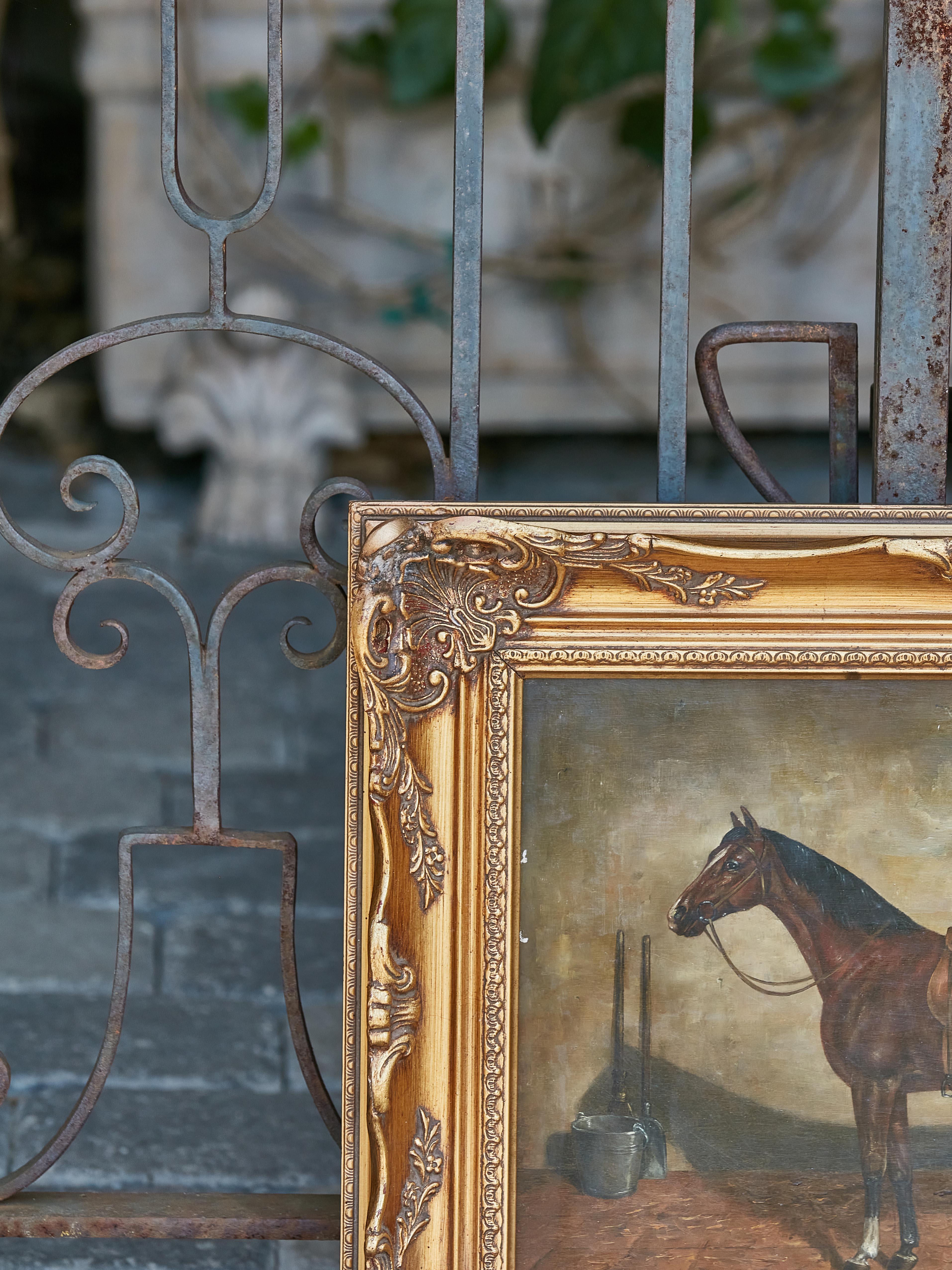 Hand-Painted English Oil on Board Horse Painting Signed K.M. Nadler, in Carved Giltwood Frame For Sale