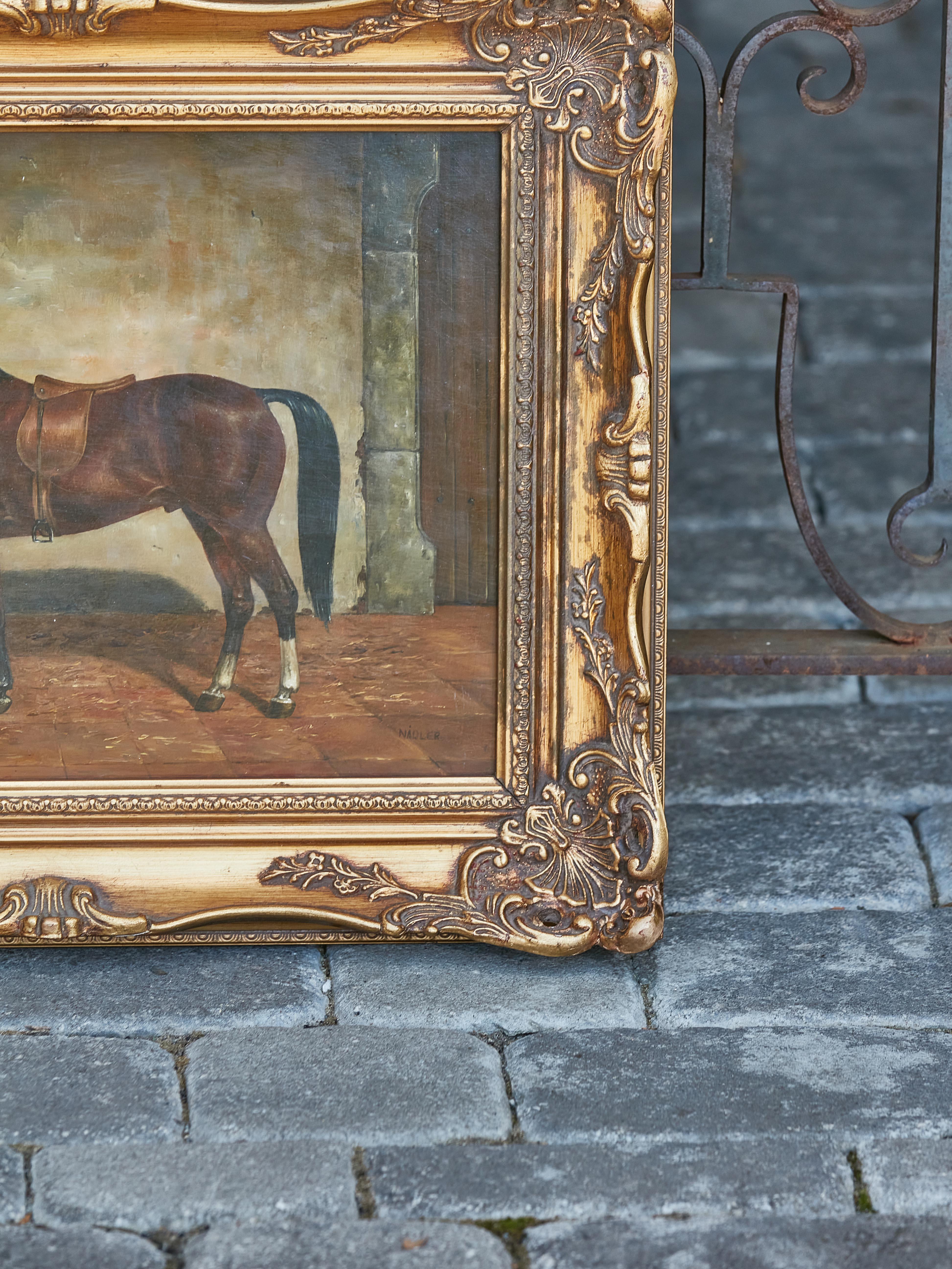 20th Century English Oil on Board Horse Painting Signed K.M. Nadler, in Carved Giltwood Frame For Sale