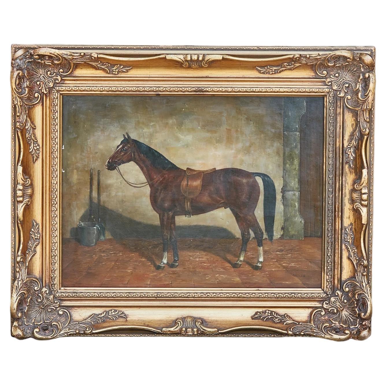 English Oil on Board Horse Painting Signed K.M. Nadler, in Carved Giltwood Frame