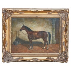Peinture anglaise à l'huile sur panneau de cheval signée K.M. Nadler, dans un cadre en bois doré sculpté