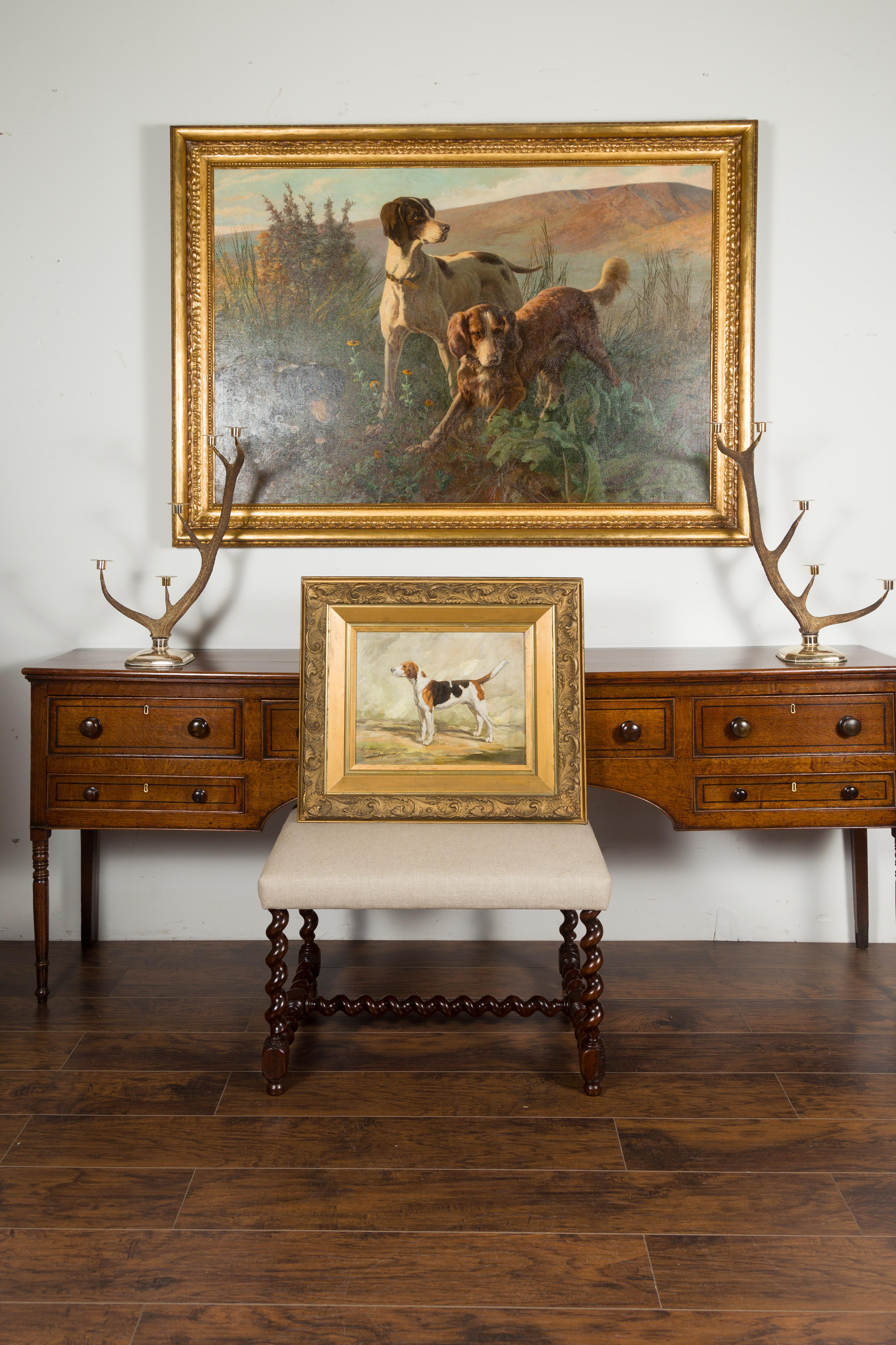 English Oil on Board Signed Painting of a Hound in a Landscape Titled 
