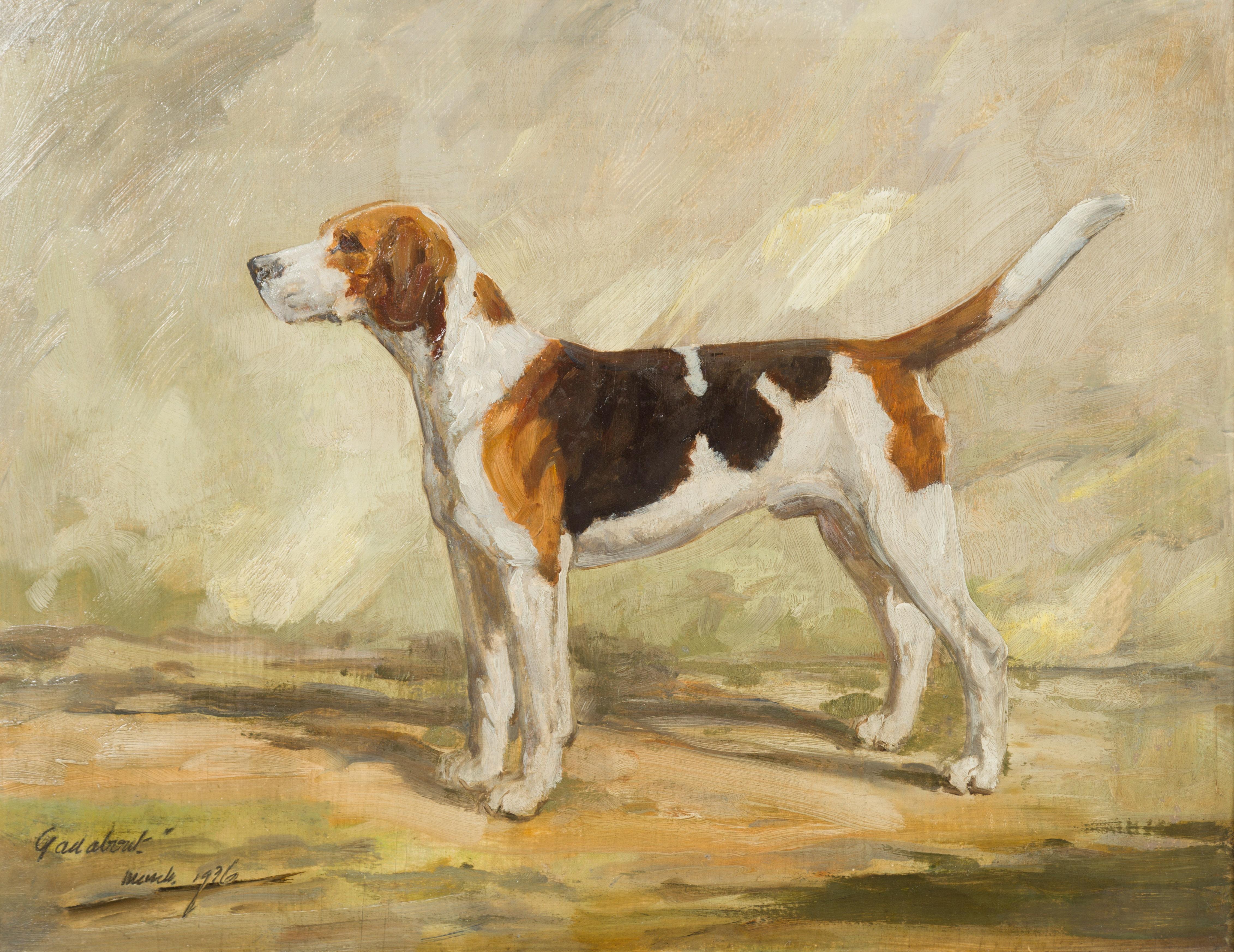 20th Century English Oil on Board Signed Painting of a Hound in a Landscape Titled 