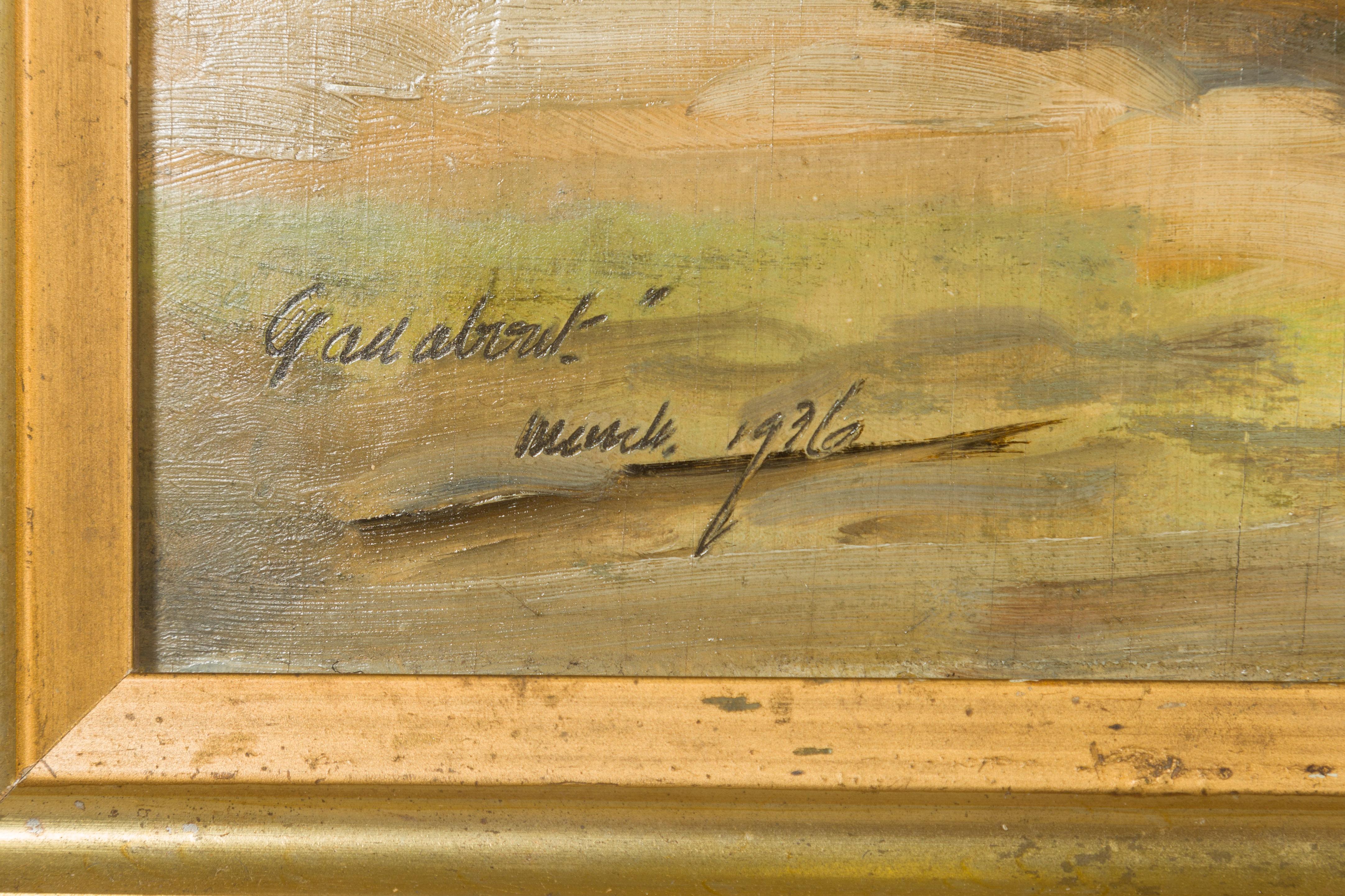 Wood English Oil on Board Signed Painting of a Hound in a Landscape Titled 