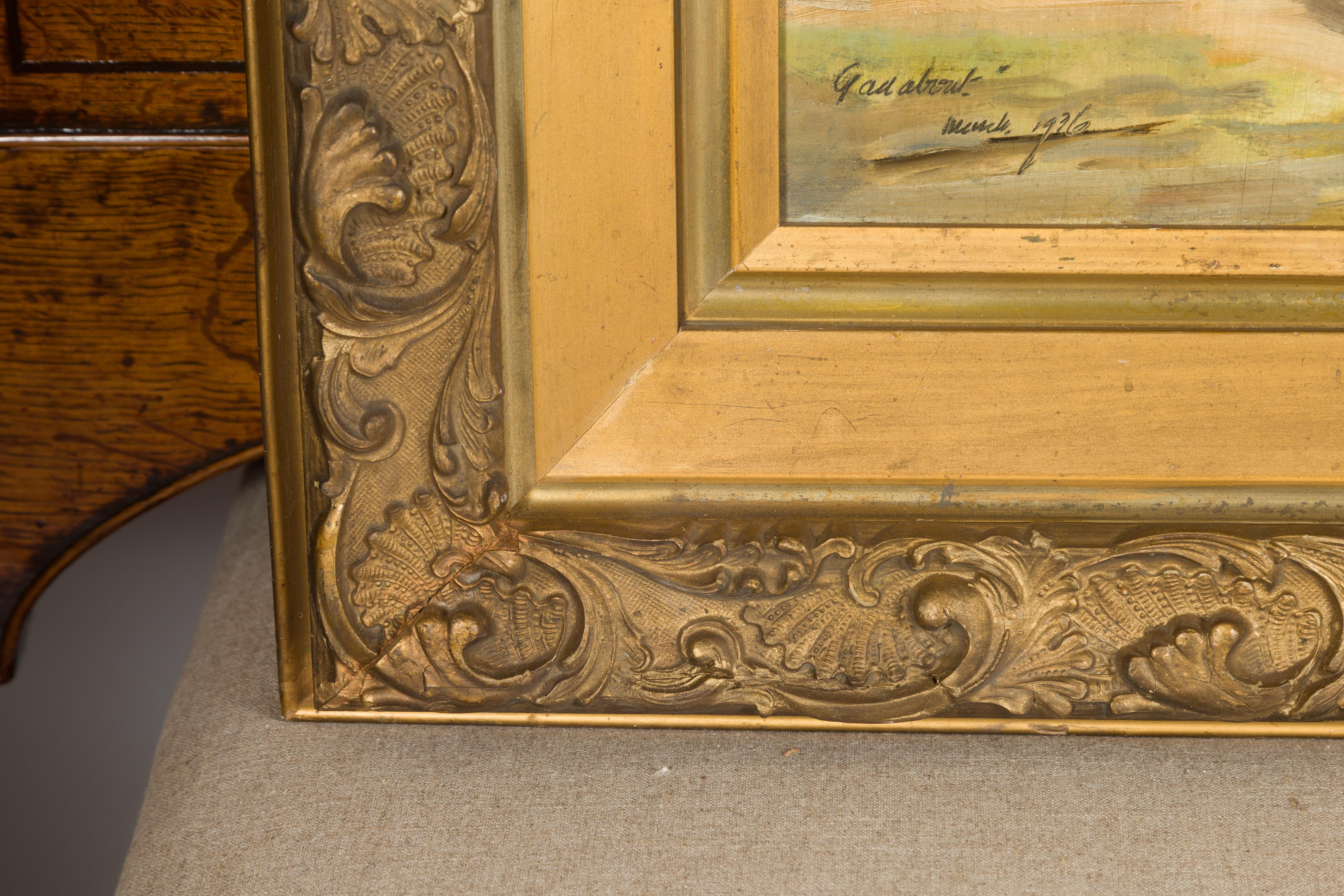 English Oil on Board Signed Painting of a Hound in a Landscape Titled 