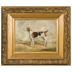 English Oil on Board Signed Painting of a Hound in a Landscape Titled "Gadabout"