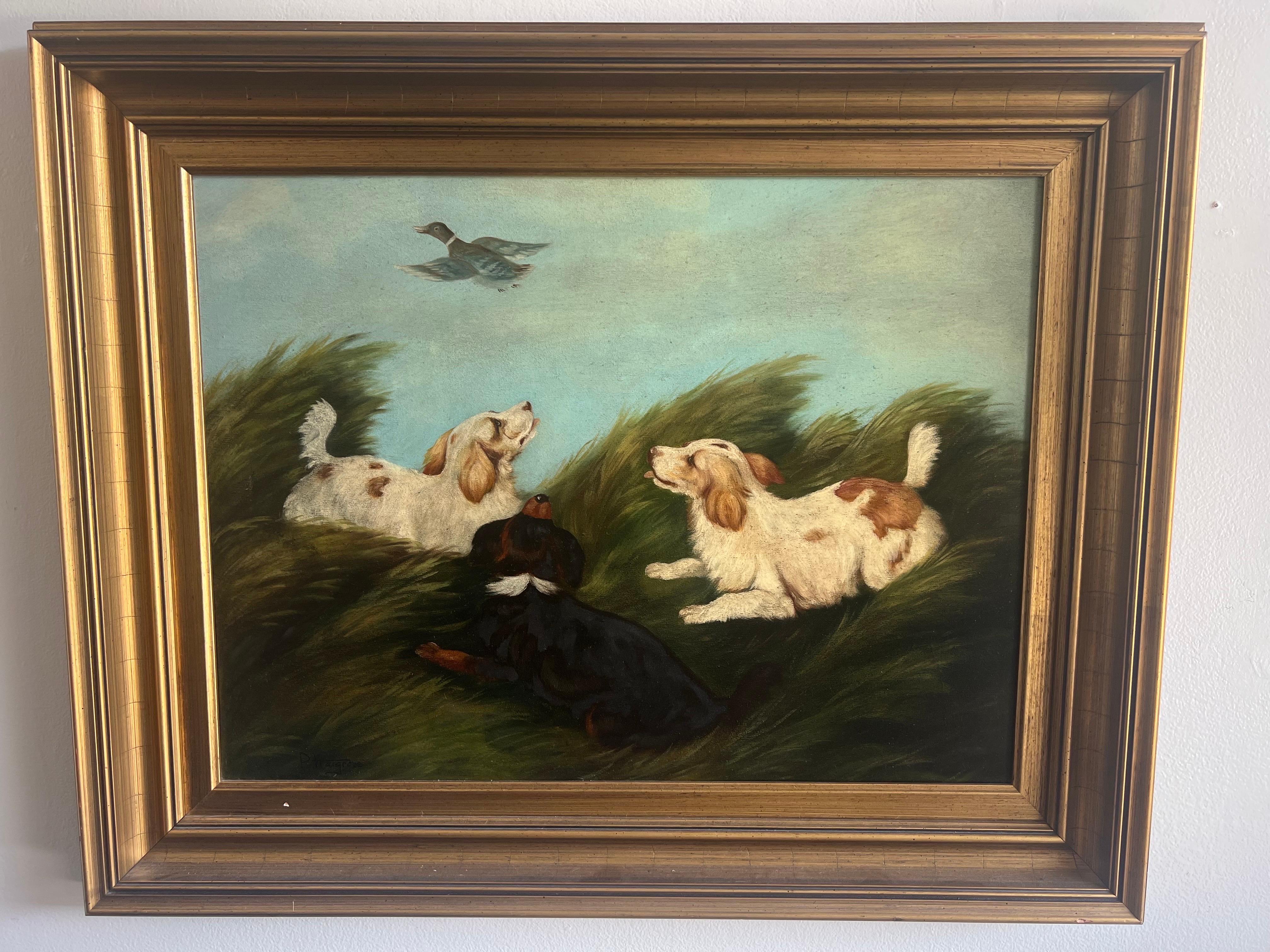 Charmante huile anglaise sur toile représentant trois épagneuls et un canard volant au-dessus de leur tête.  Signé P. Hargrove.  Cadre doré d'origine.