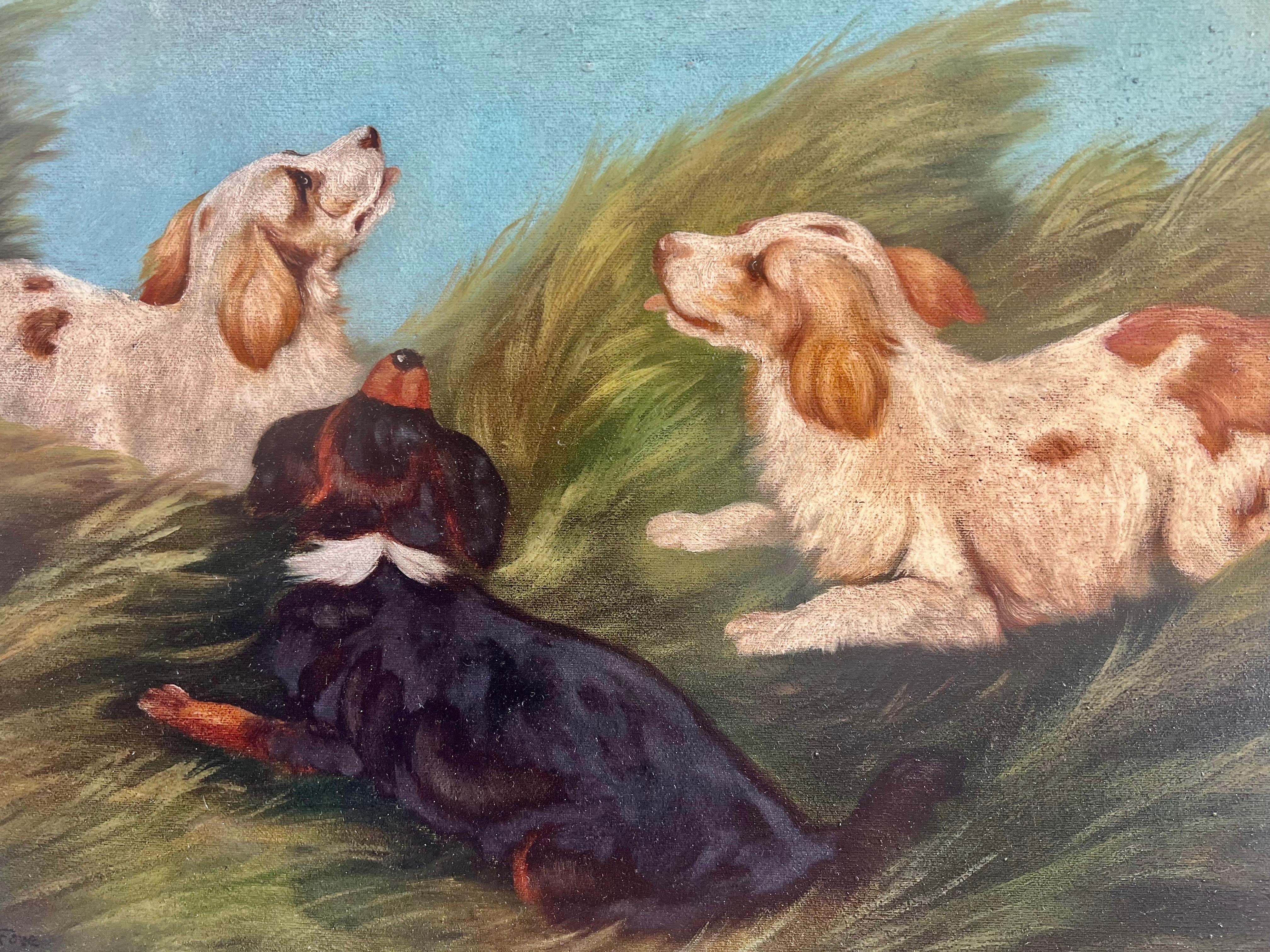Autre Huile anglaise sur toile représentant un Trio d'épagneuls en vente