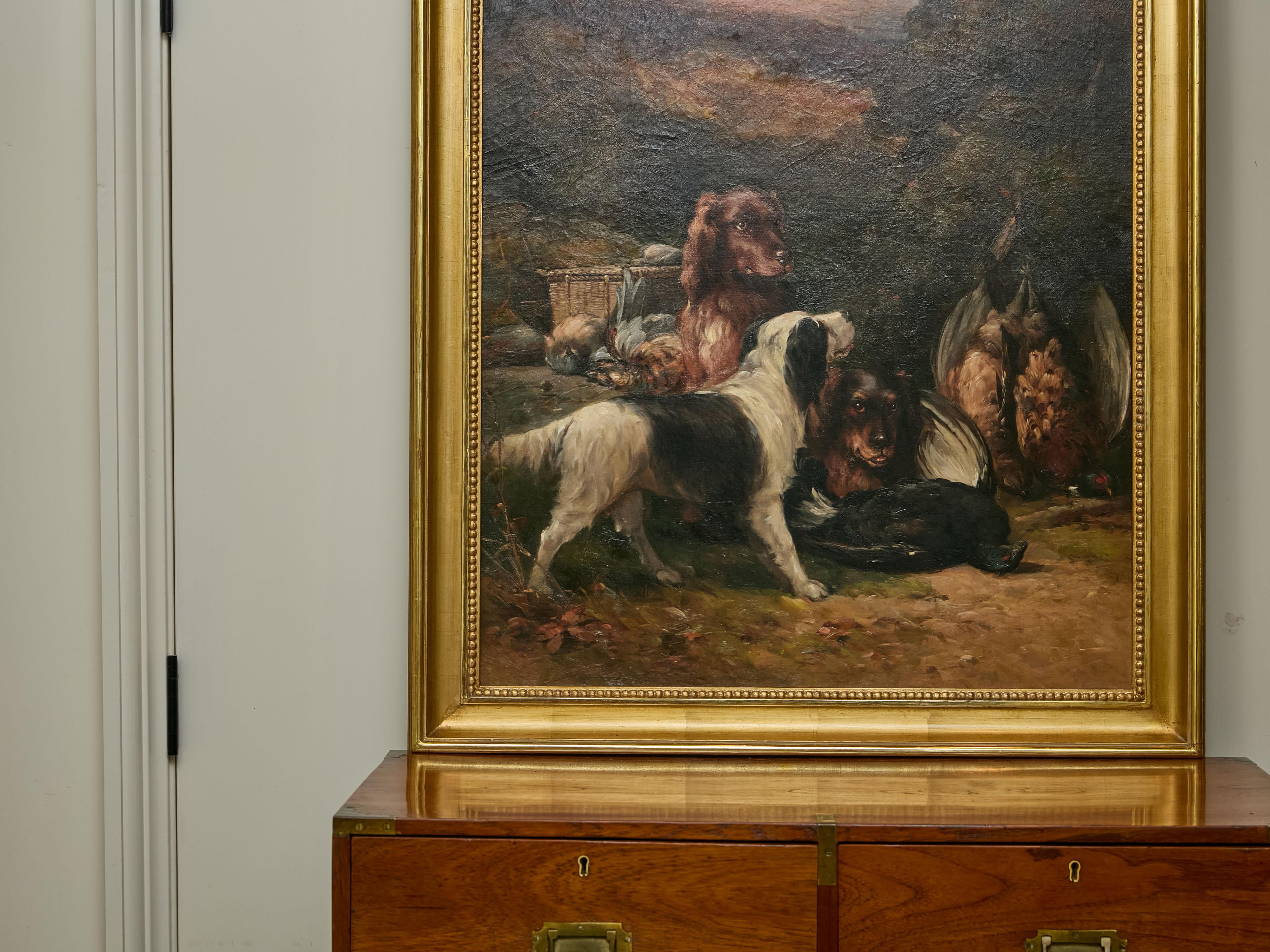 Carved English Oil on Canvas Hunt Painting of Three Dogs and Their Catch in Frame For Sale