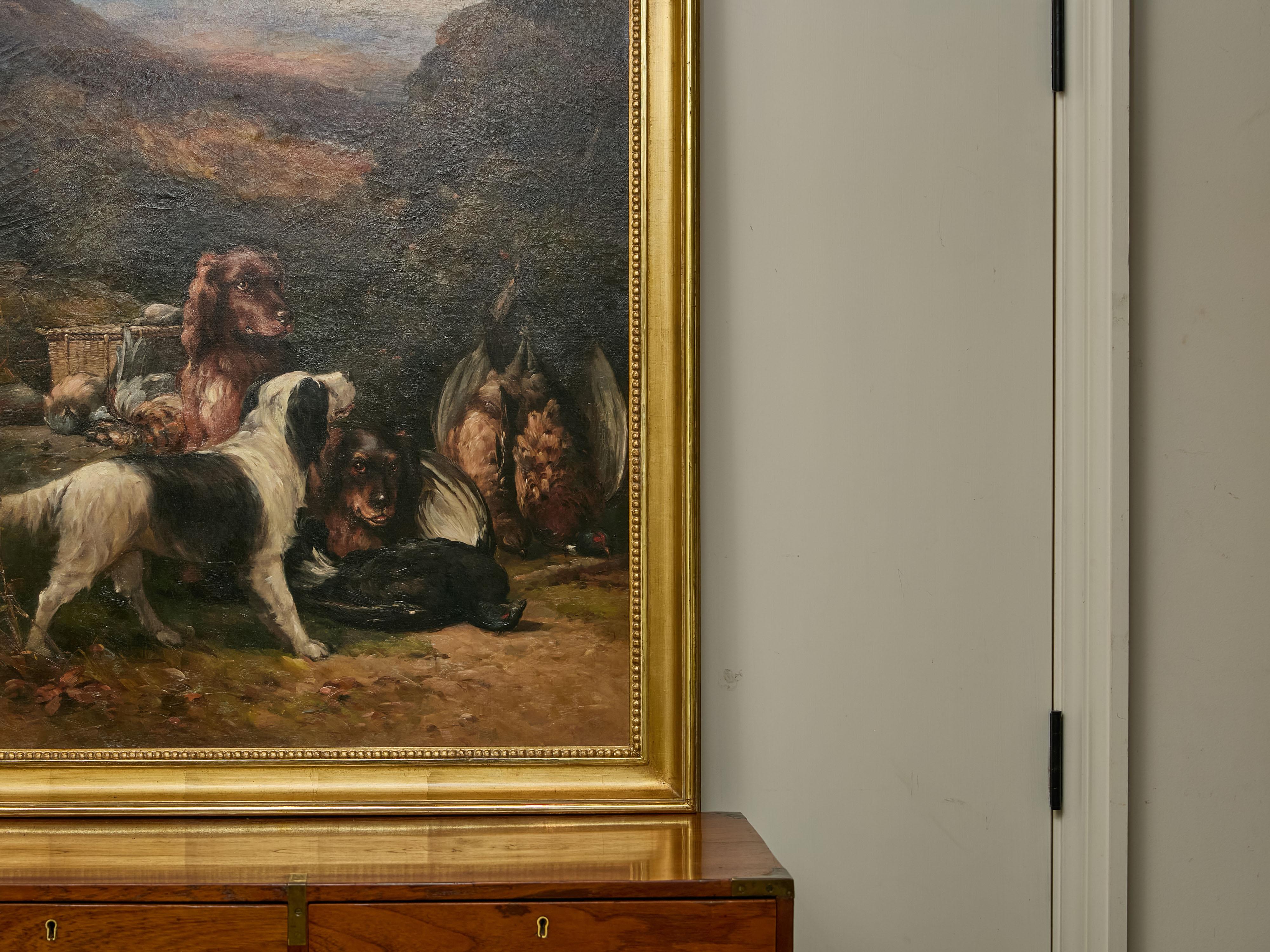 English Oil on Canvas Hunt Painting of Three Dogs and Their Catch in Frame In Good Condition For Sale In Atlanta, GA