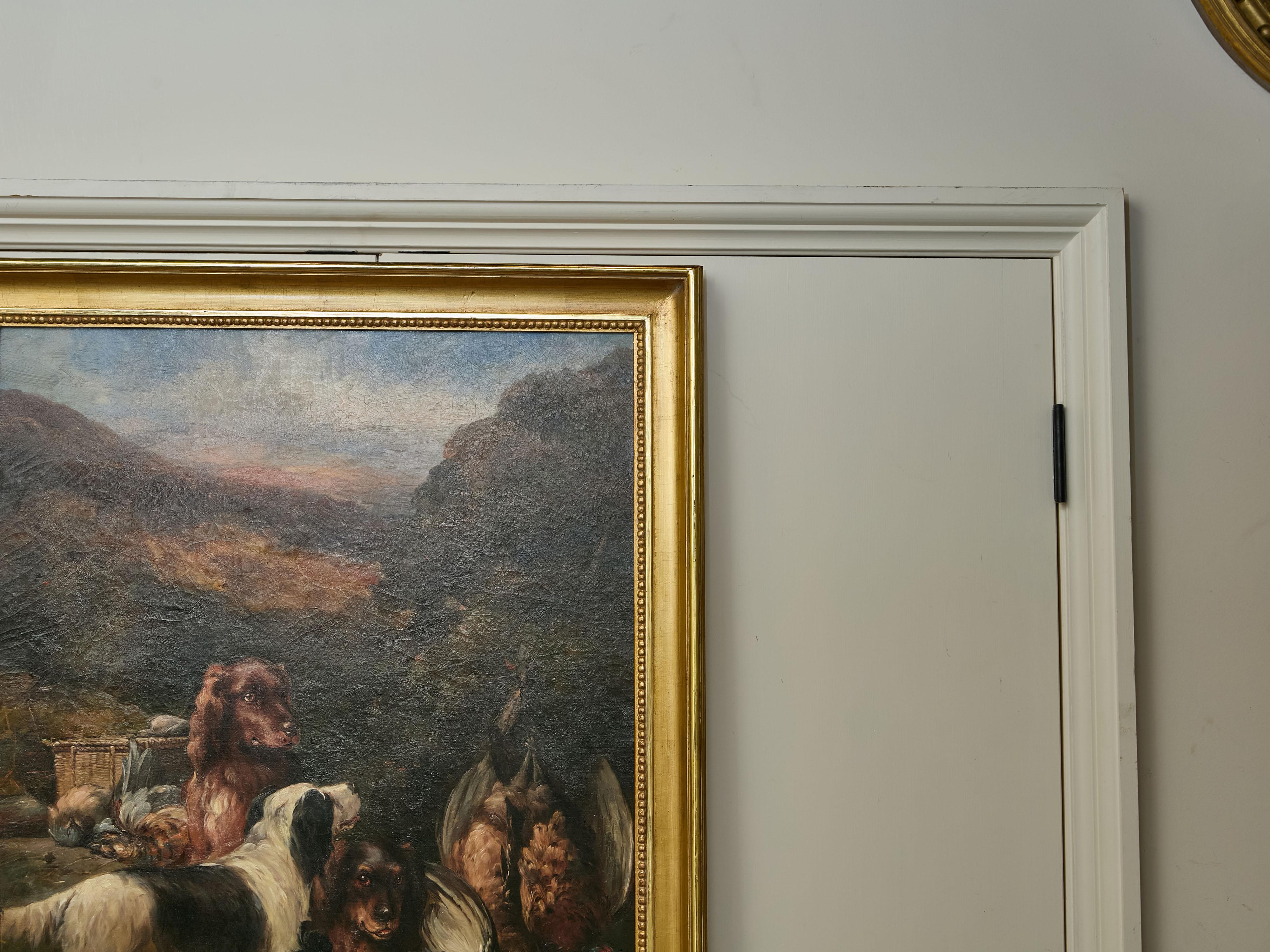 20th Century English Oil on Canvas Hunt Painting of Three Dogs and Their Catch in Frame For Sale