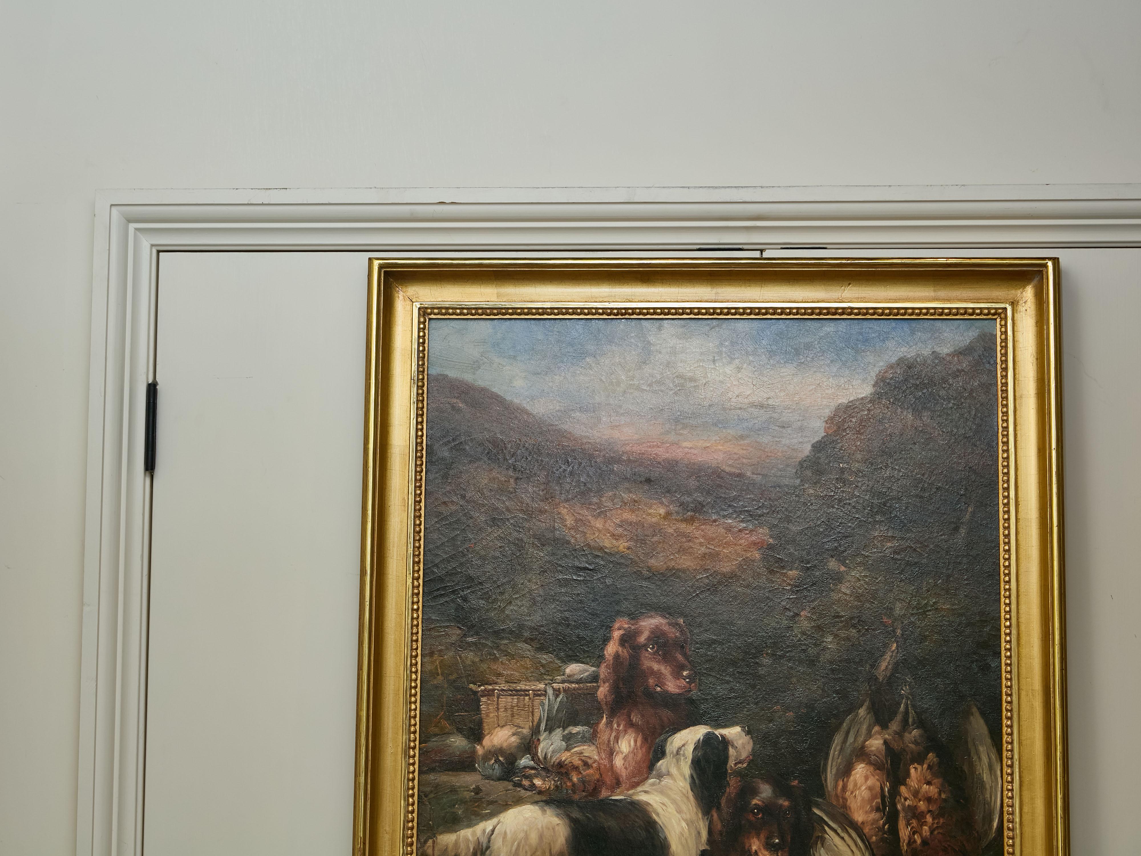 English Oil on Canvas Hunt Painting of Three Dogs and Their Catch in Frame For Sale 1