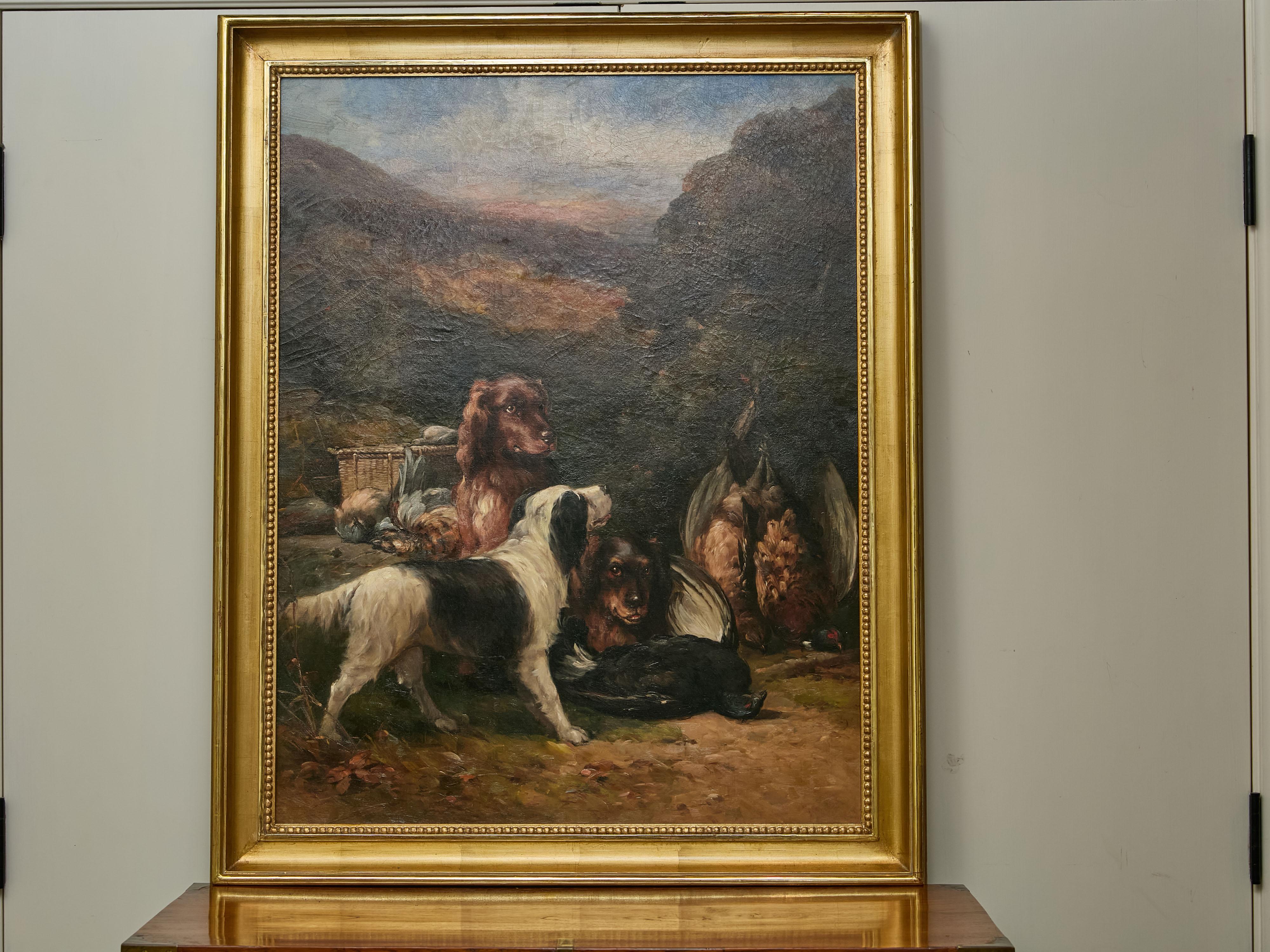 English Oil on Canvas Hunt Painting of Three Dogs and Their Catch in Frame For Sale 3