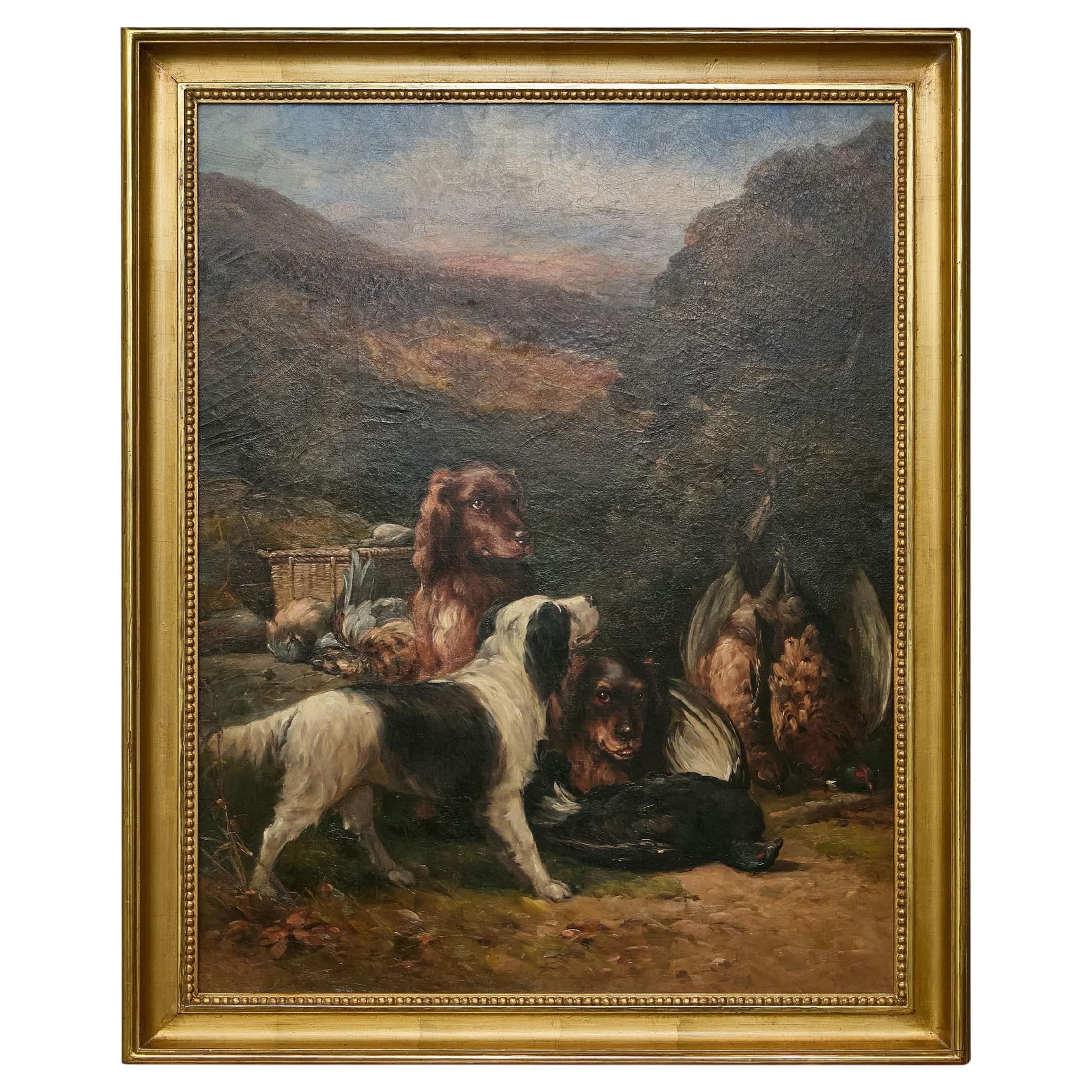 English Oil on Canvas Hunt Painting of Three Dogs and Their Catch in Frame
