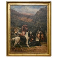 Óleo inglés sobre lienzo Pintura de caza de tres perros y su presa en marco
