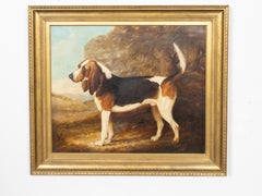 English Oil on Canvas Painting Depicting a Bloodhound Dog, Signed and Dated