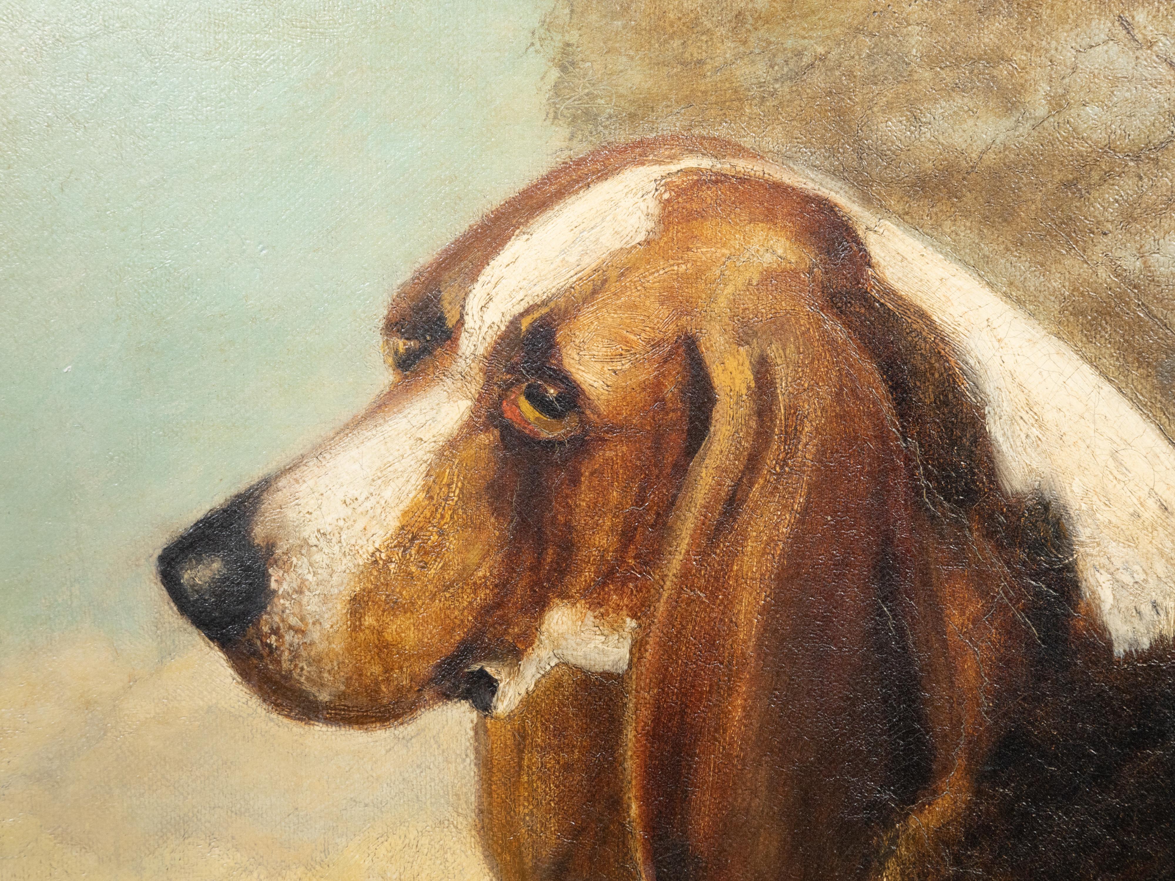 Carved English Oil on Canvas Painting Depicting a Bloodhound Dog, Signed and Dated