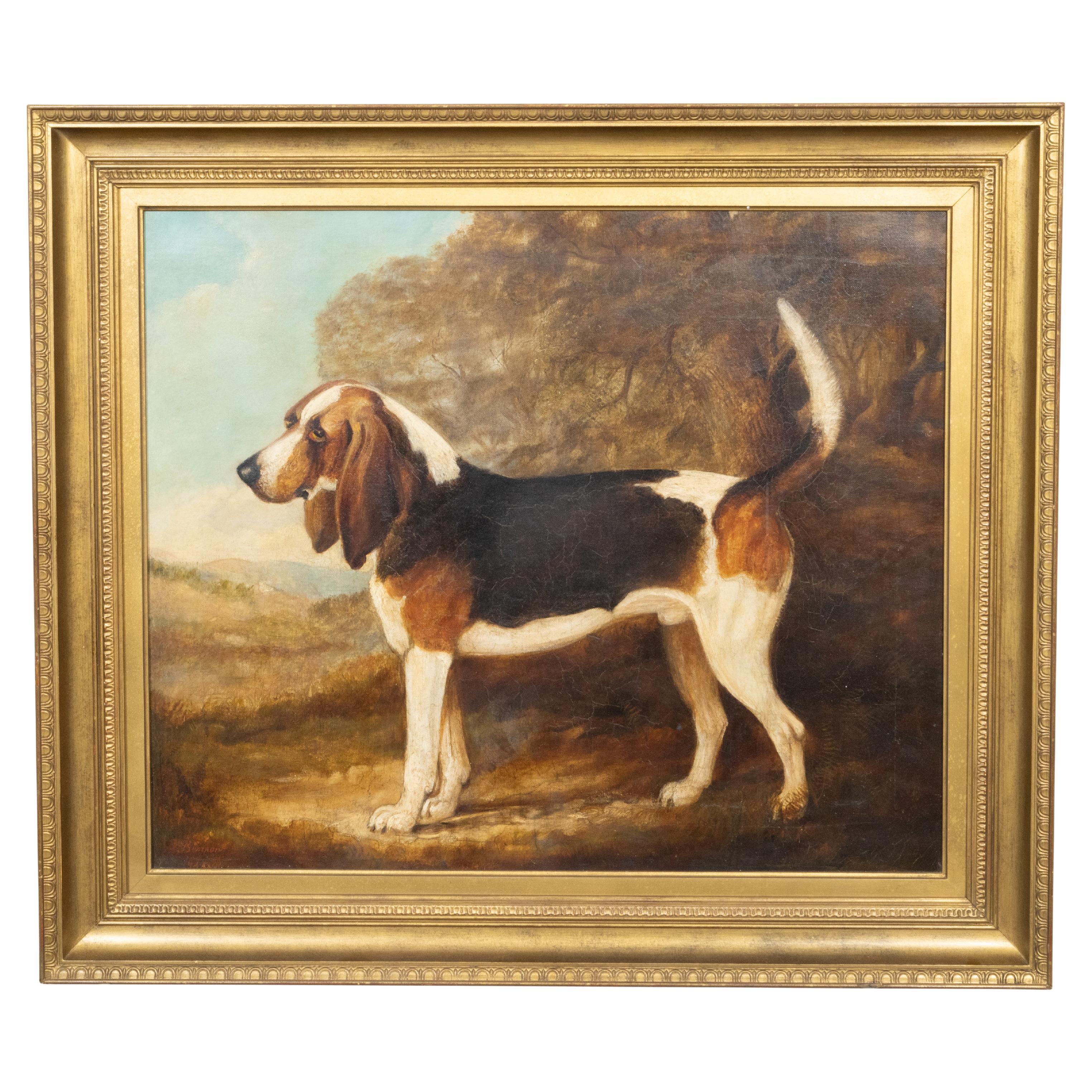 Peinture à l'huile sur toile anglaise représentant un chien de sang, signée et datée