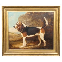 English Oil on Canvas Painting Depicting a Bloodhound Dog, Signed and Dated