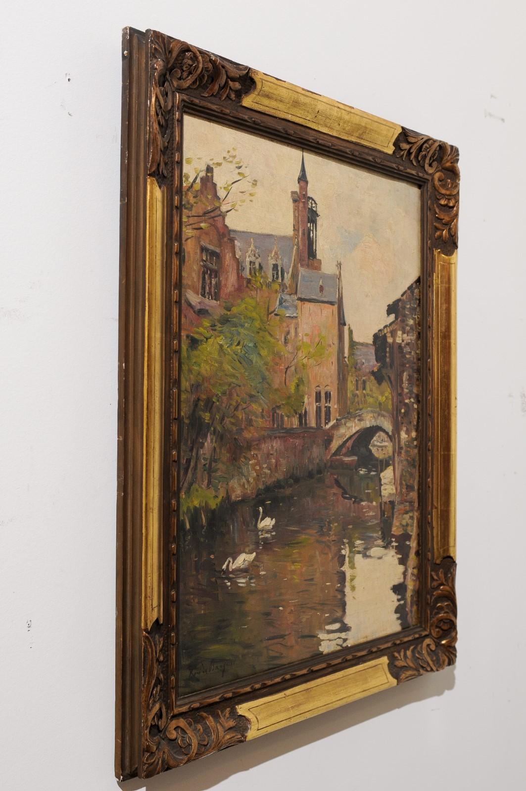 English Oil on Canvas Painting in Carved Frame Depicting a Serene Town Scene 6