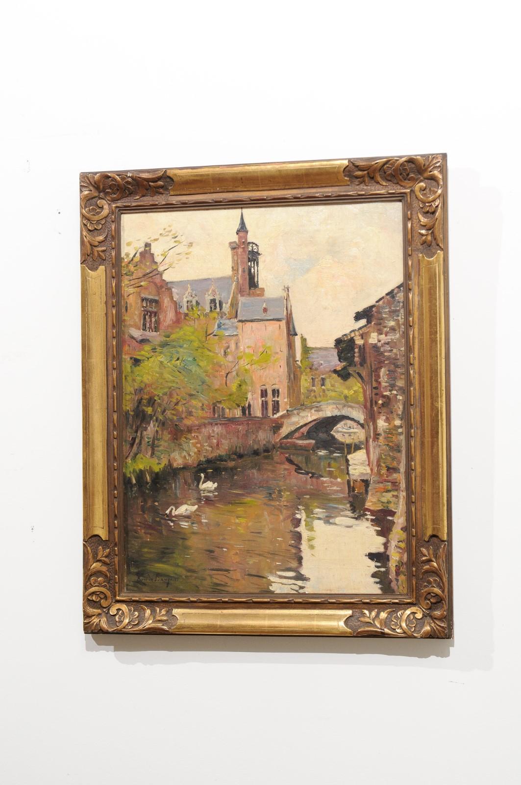 English Oil on Canvas Painting in Carved Frame Depicting a Serene Town Scene 7