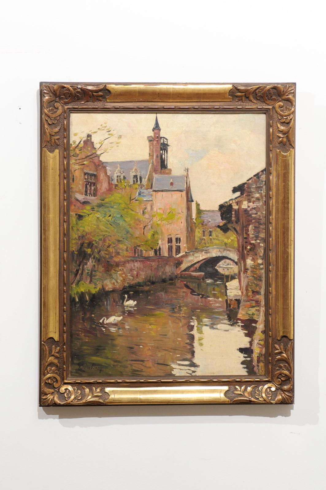 English Oil on Canvas Painting in Carved Frame Depicting a Serene Town Scene In Good Condition In Atlanta, GA
