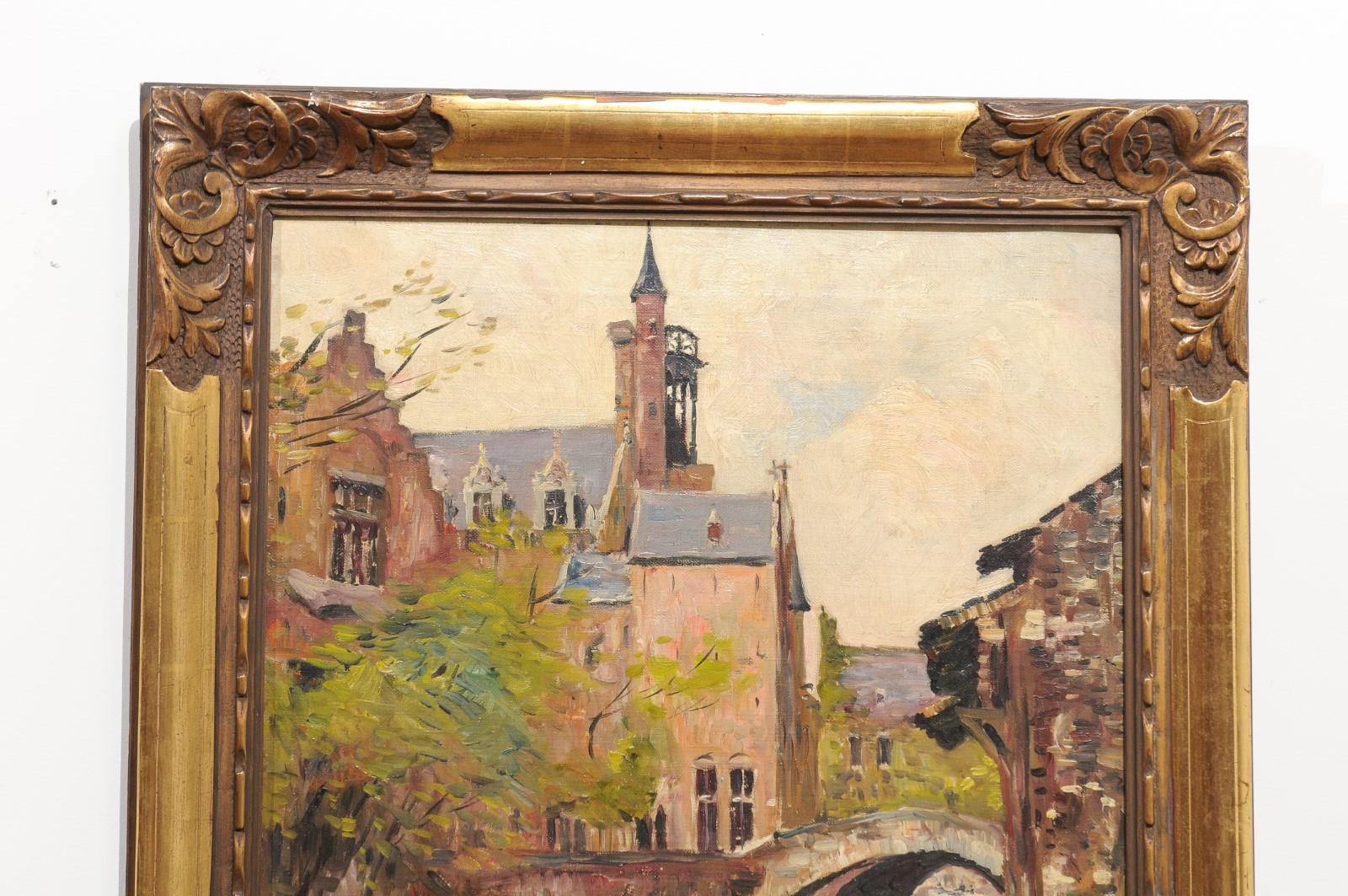 English Oil on Canvas Painting in Carved Frame Depicting a Serene Town Scene 1