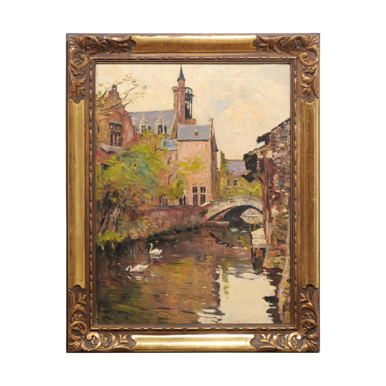 English Oil on Canvas Painting in Carved Frame Depicting a Serene Town Scene